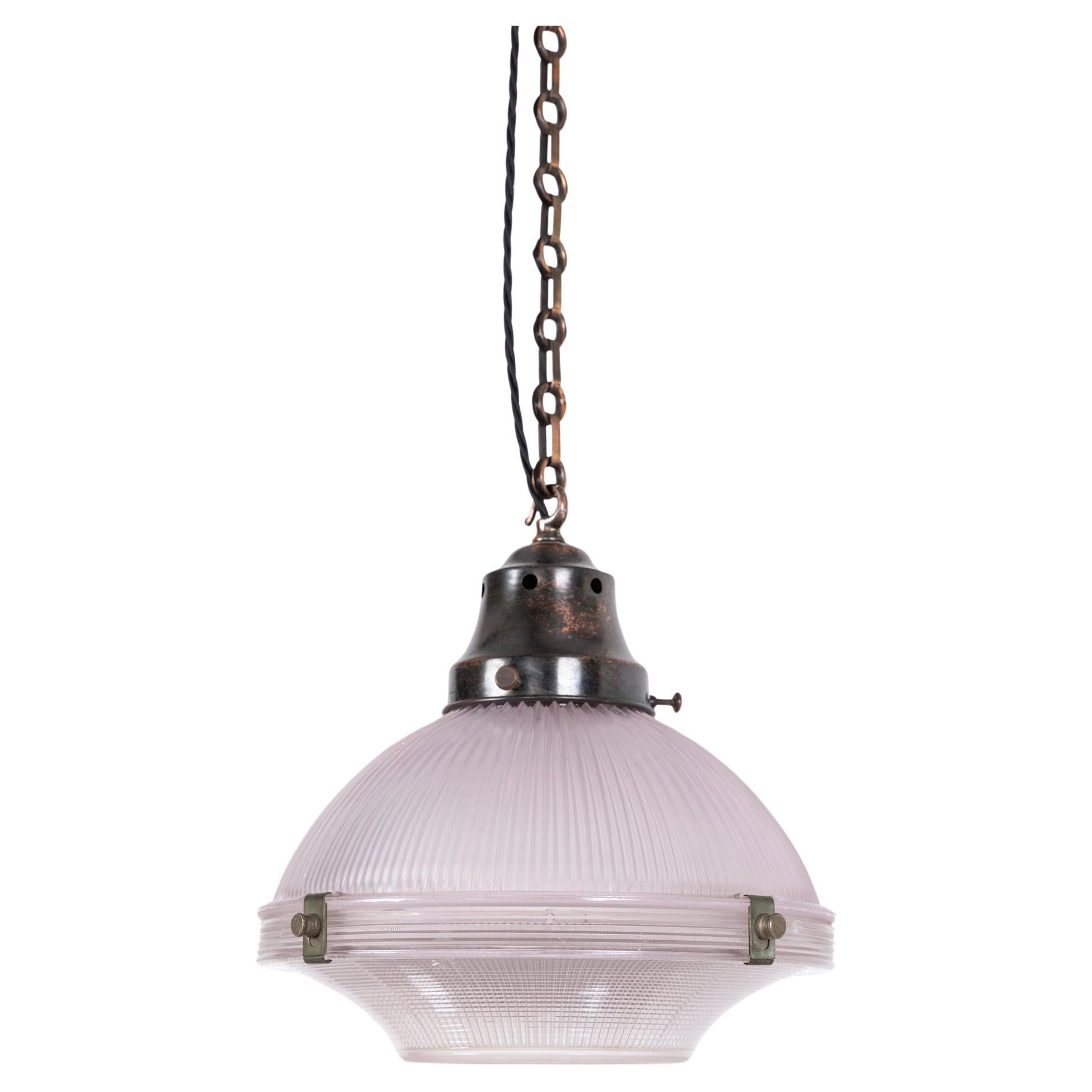 Antique 12" Holophane Reflector-Refractor Prismatic Glass Pendant Light, c.1920