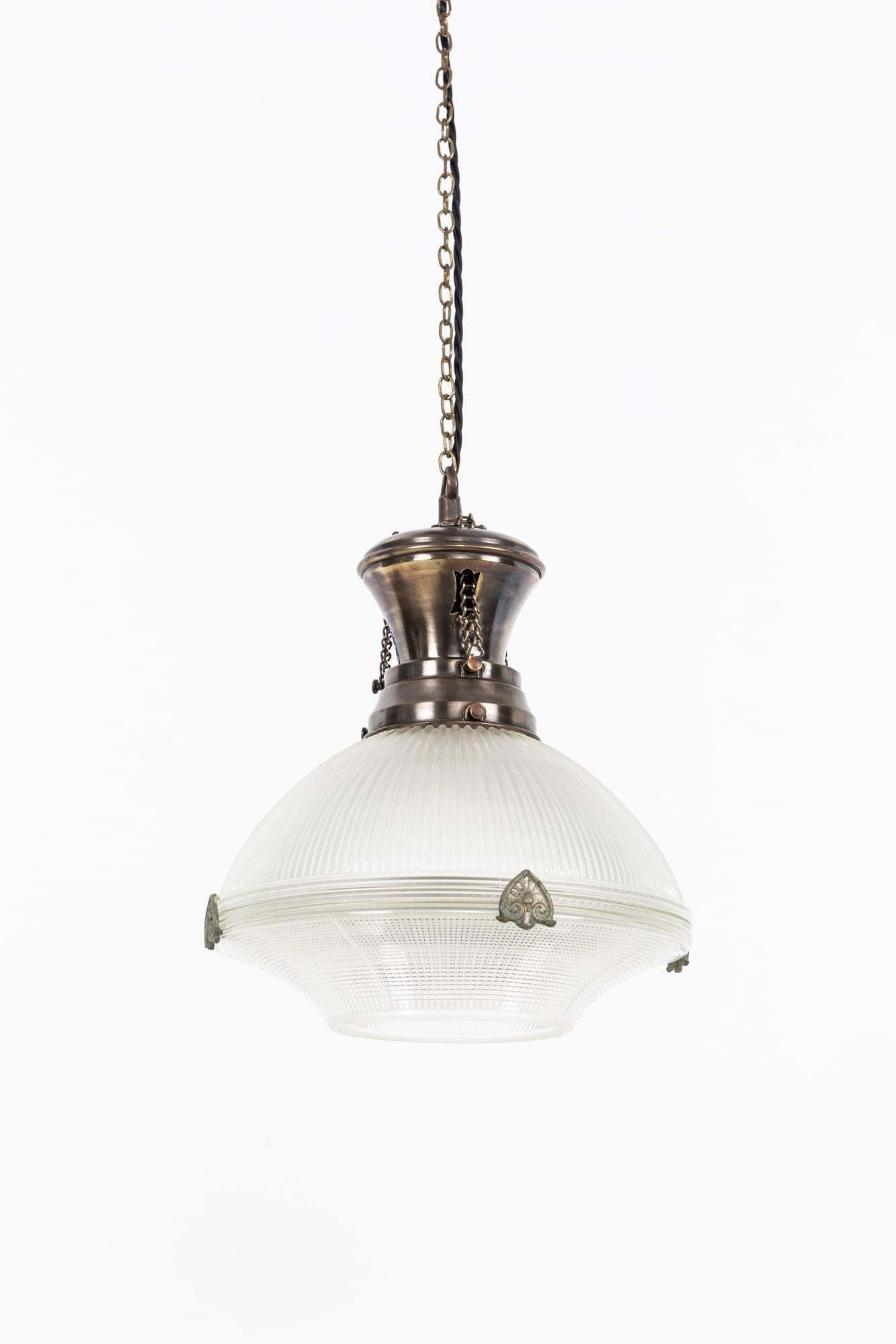 Antique 12" Holophane Reflector-Refractor Prismatic Glass Pendant Light, c.1920