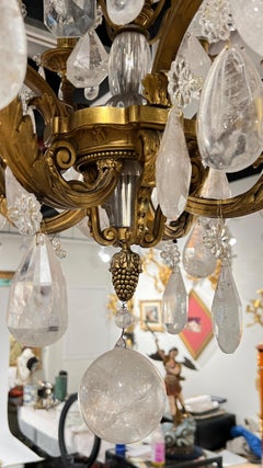 Antique 12 Light Gilt Bronze Chandelier with Rock Crystal Pendants