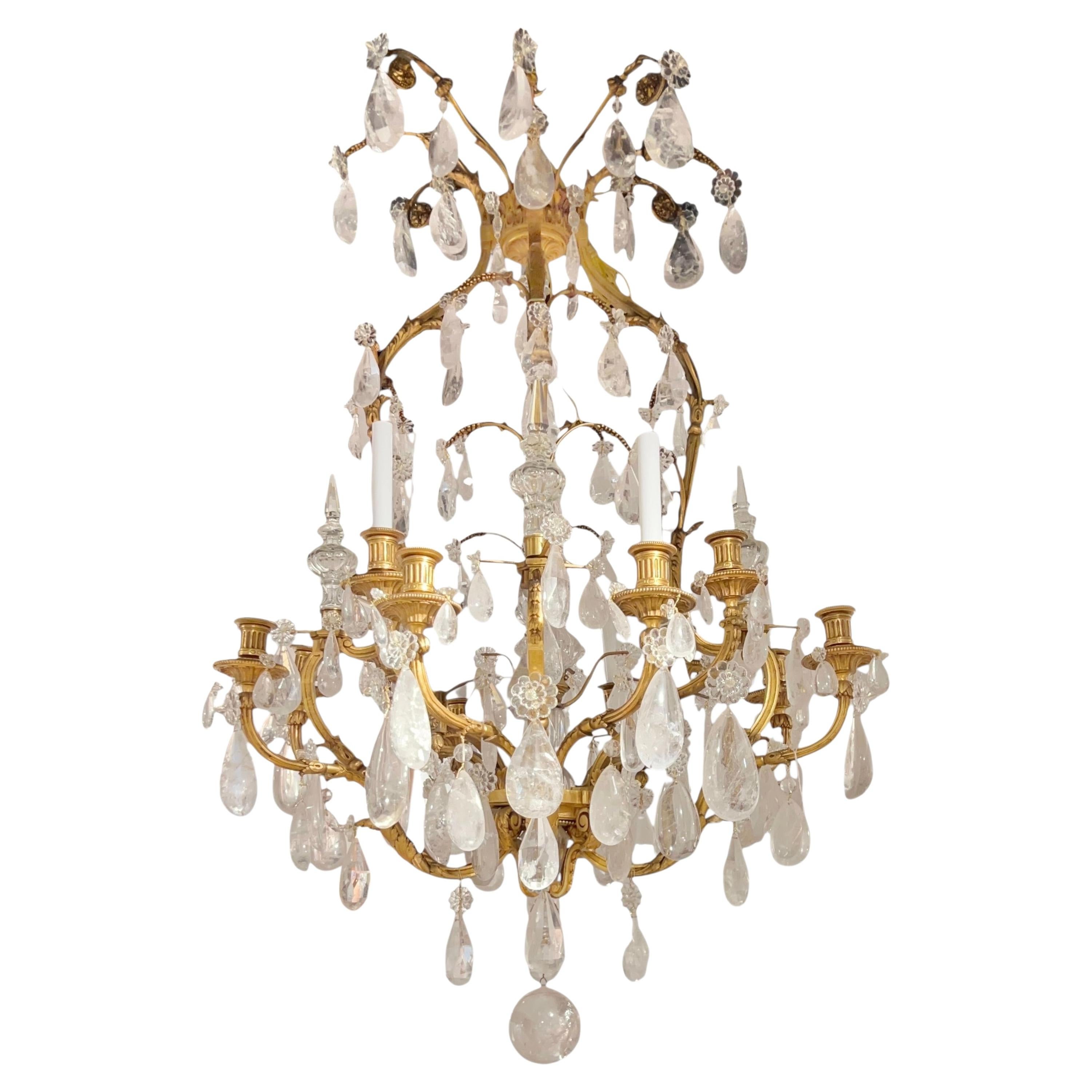 Antique 12 Light Gilt Bronze Chandelier with Rock Crystal Pendants