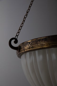 Antique 12" Moonstone Opaline Glass Plafonnier Light Pendant, C.1920