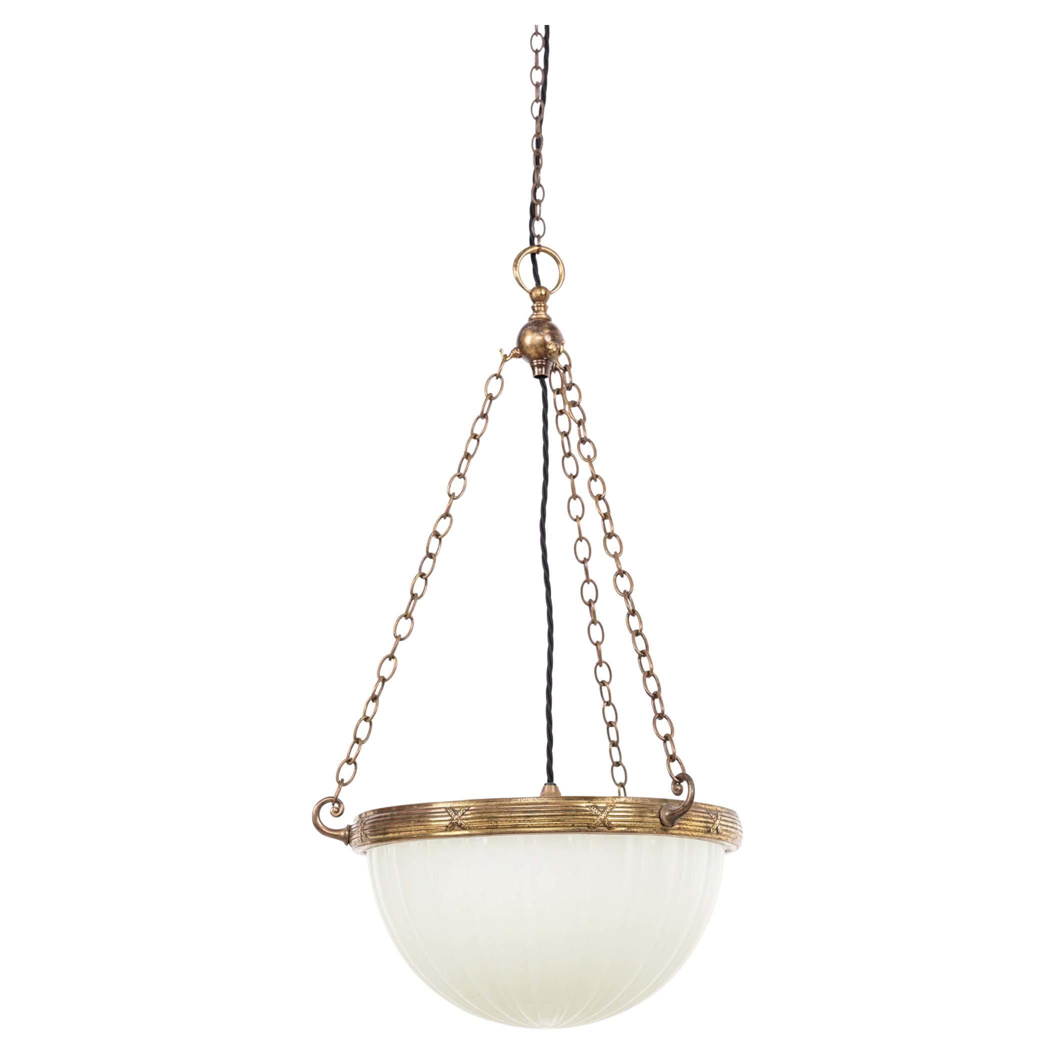 Antique 12" Moonstone Opaline Glass Plafonnier Light Pendant, C.1920 For Sale