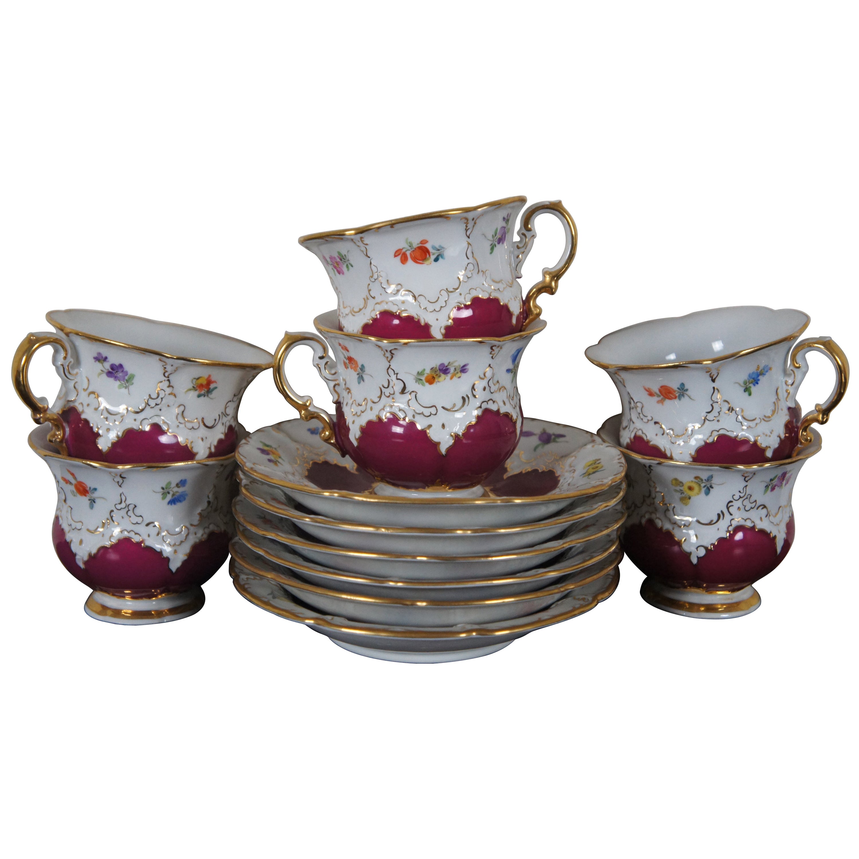 Antico set da tè da 12 pezzi Meissen B-Form con tazze e piattini con spada incrociata floreale B154