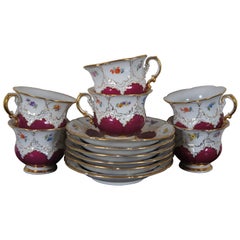 Antico set da tè da 12 pezzi Meissen B-Form con tazze e piattini con spada incrociata floreale B154