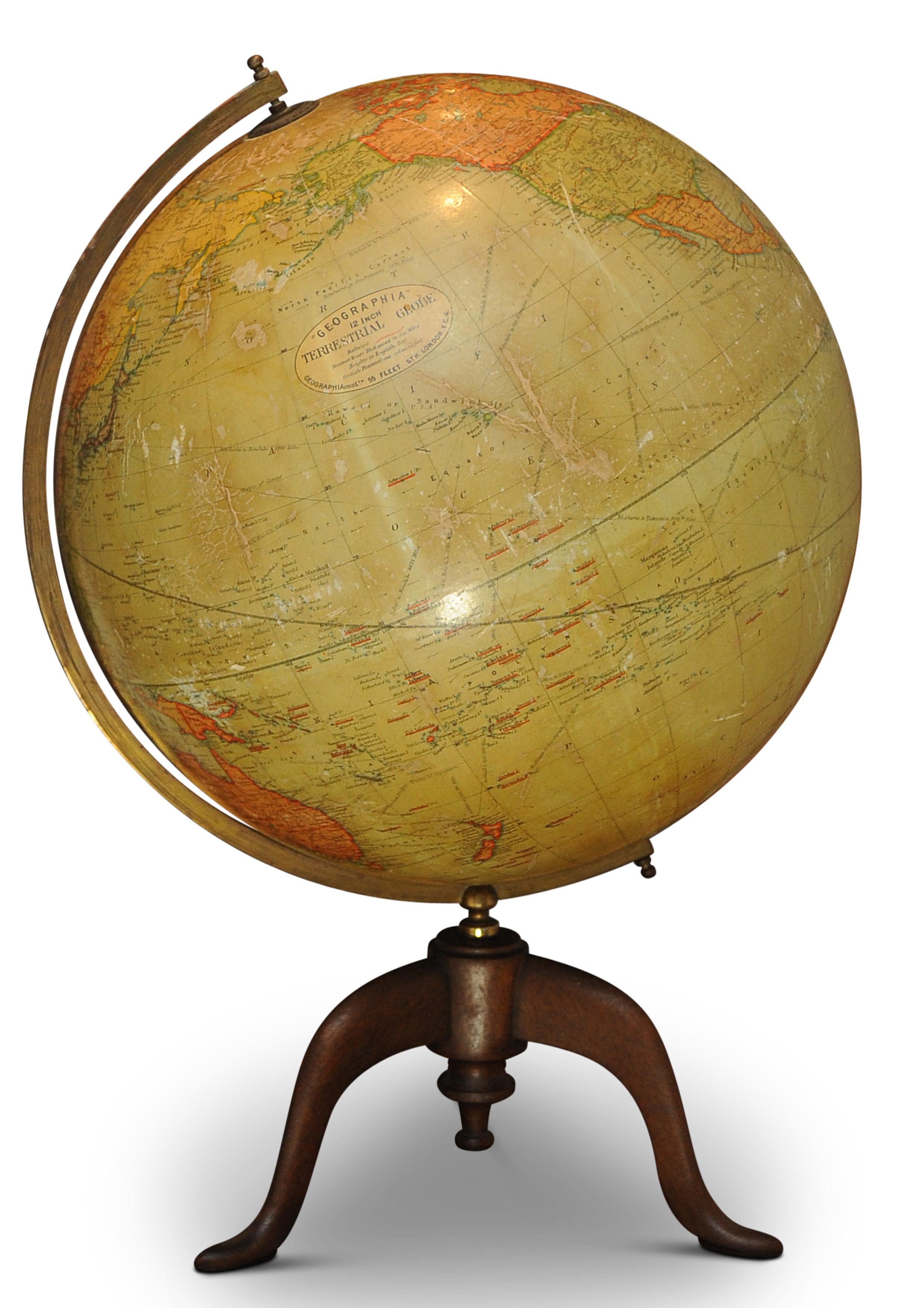 British Antique World Globe From Fleet Street London 1923 on Wooden Stand For Sale