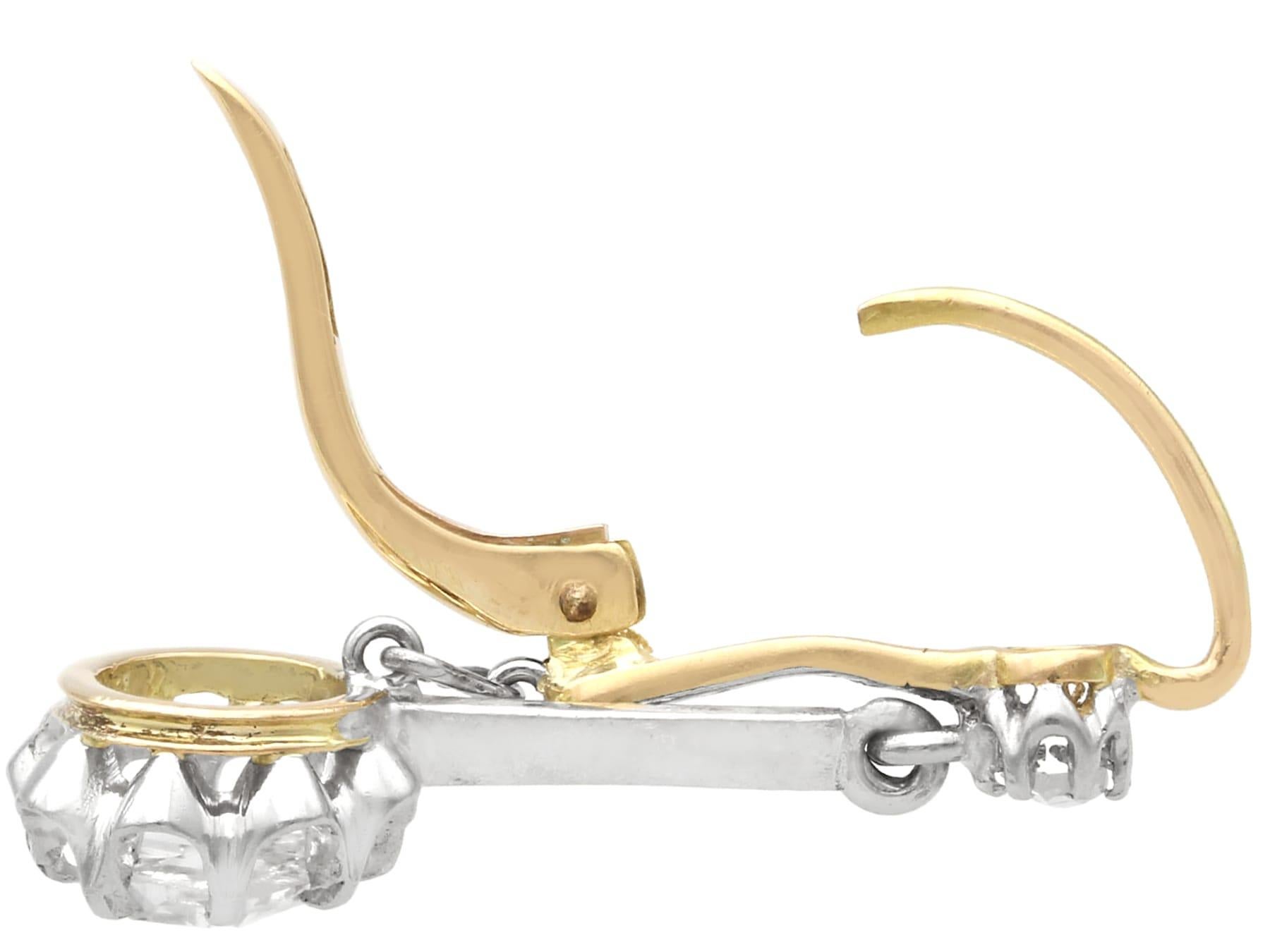 Women's or Men's Antique 1.20 Carat Diamond and 15 Karat Yellow Gold Drop Earrings For Sale