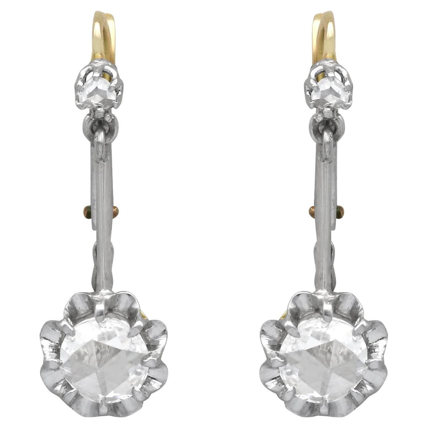 Boucles d'oreilles pendantes anciennes en or jaune 15 carats et diamants de 1,20 carat