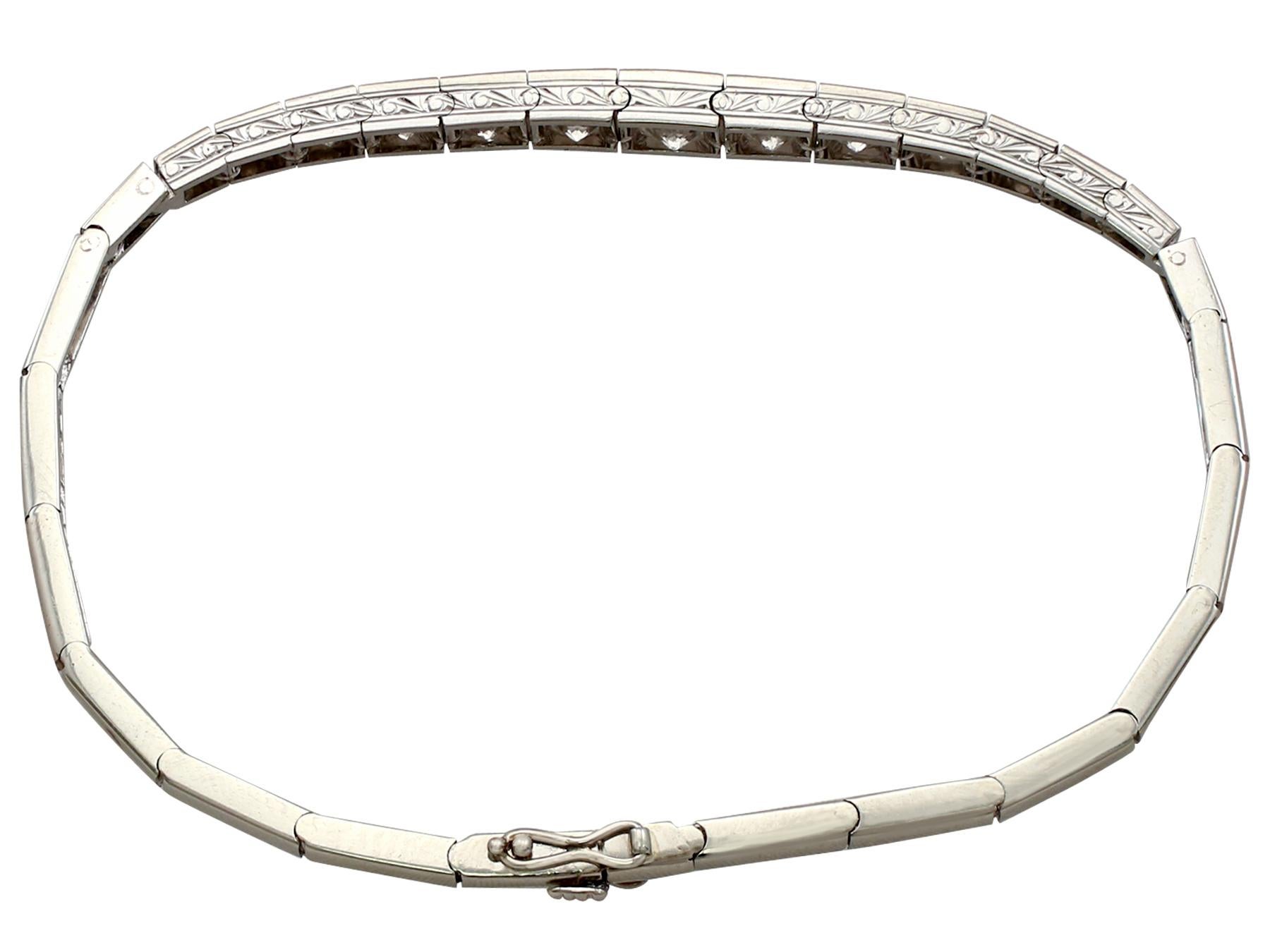 An impressive antique 1930s 1.20 carat diamond and 18 karat white gold bracelet; part of our diverse antique estate jewelry collections.

This fine and impressive diamond bracelet has been crafted in 18k white gold.

The fully articulated, graduated