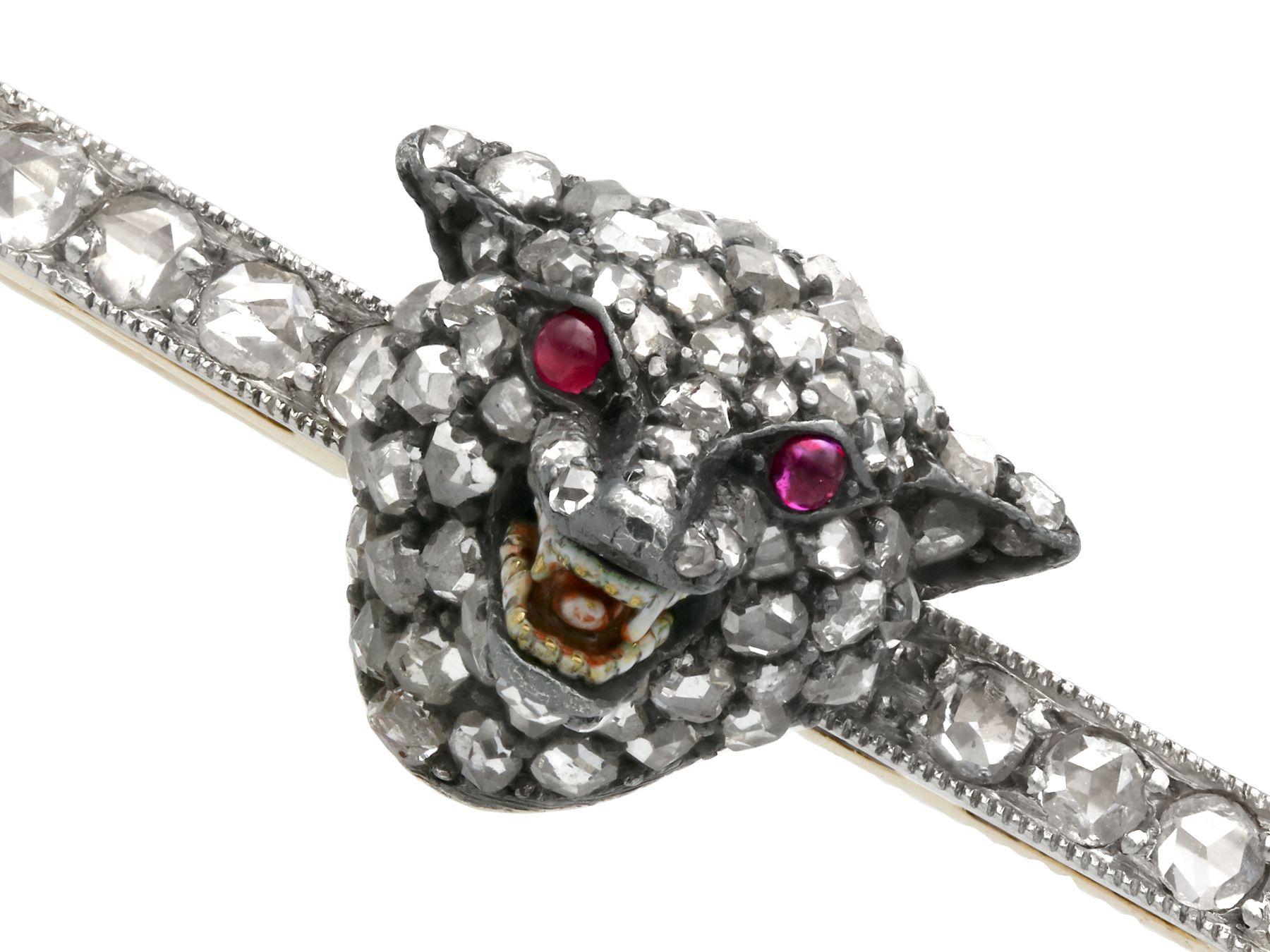 Round Cut Antique 1.20 Carat Diamond Pearl and Ruby Yellow Gold and Silver Fox Brooch For Sale