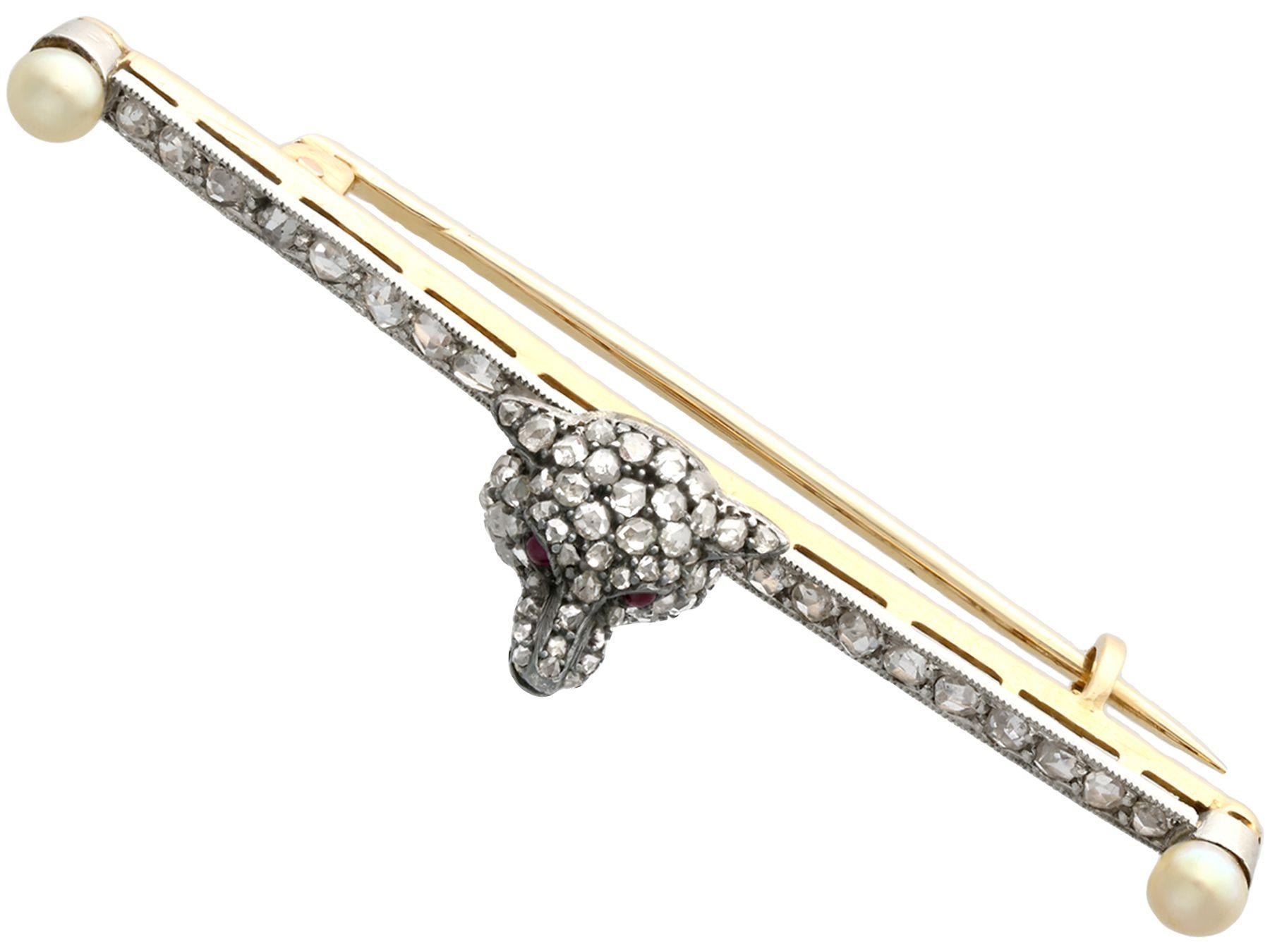 Antique 1.20 Carat Diamond Pearl and Ruby Yellow Gold and Silver Fox Brooch In Excellent Condition For Sale In Jesmond, Newcastle Upon Tyne