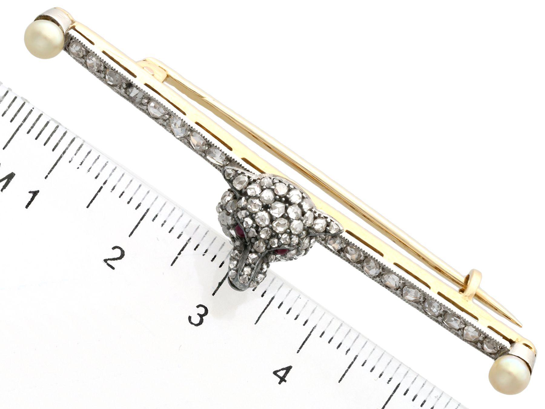 Antique 1.20 Carat Diamond Pearl and Ruby Yellow Gold and Silver Fox Brooch For Sale 2