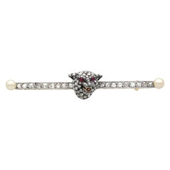 Antique 1.20 Carat Diamond Pearl and Ruby Yellow Gold and Silver Fox Brooch