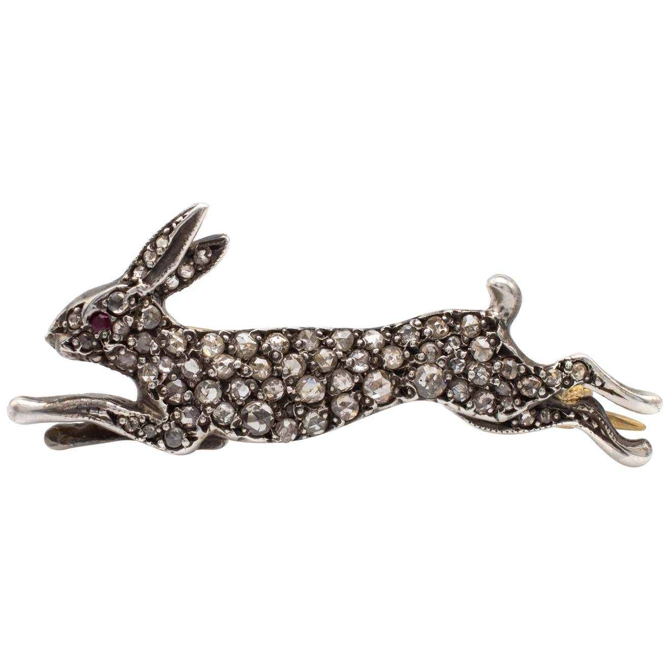 Antique Diamond Ruby Hare Rabbit Brooch 18 Karat Gold Circa 1920 at 1stDibs