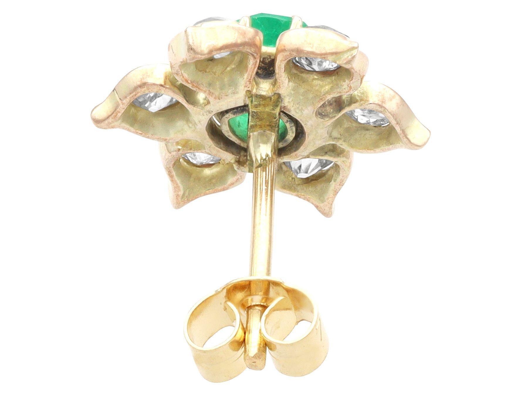 Women's or Men's Antique 1.20 Carat Emerald and 1.22 Carat Diamond Yellow Gold Earrings For Sale