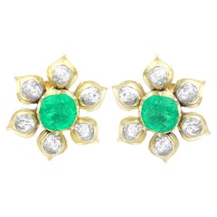 Antique 1.20 Carat Emerald and 1.22 Carat Diamond Yellow Gold Earrings