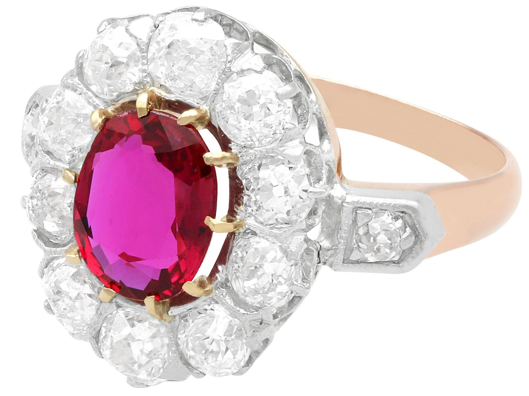 Cushion Cut Antique 1.20 Carat Ruby and 1.54 Carat Diamond Rose Gold Dress Ring