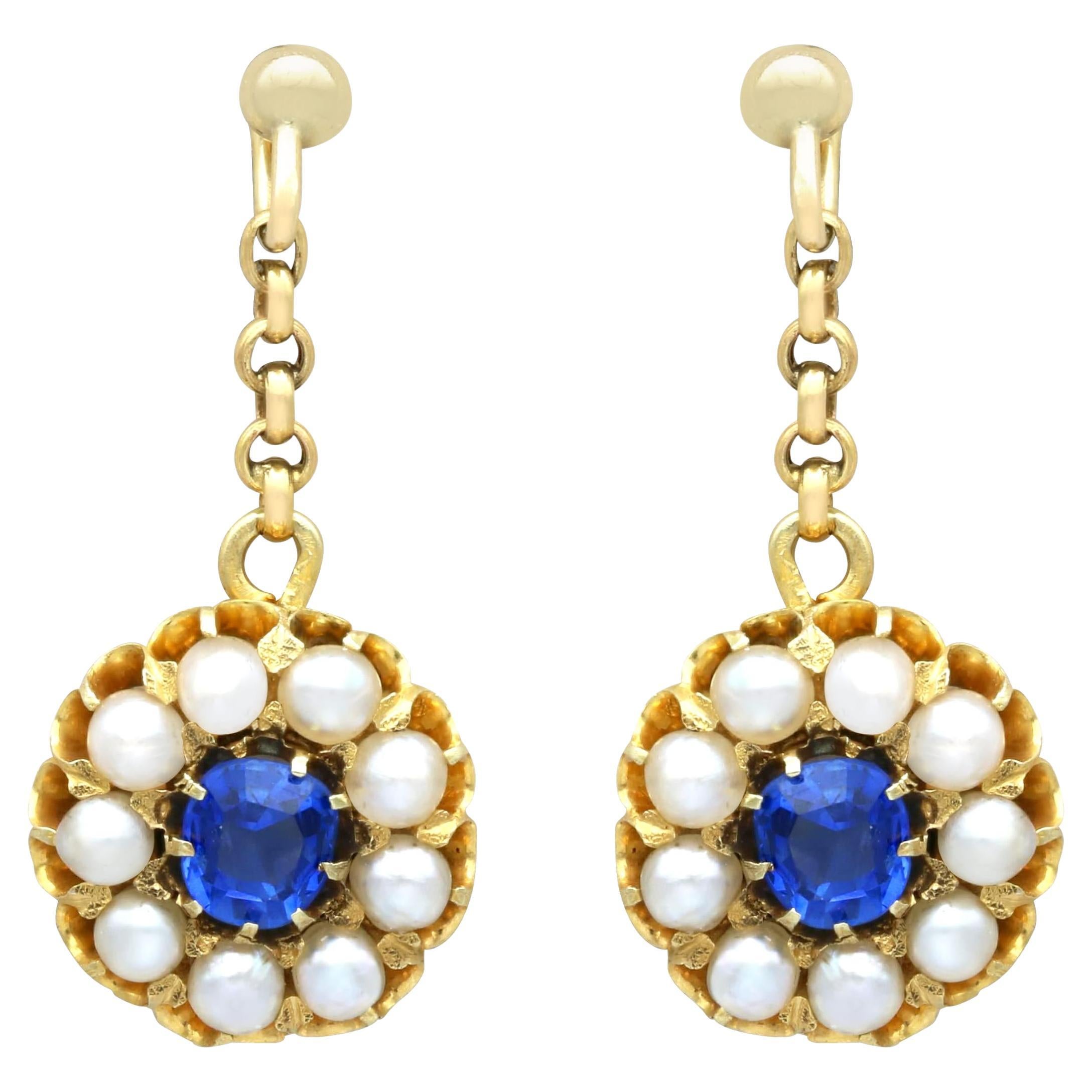 Antique 1.20 Ct Sapphire and Pearl, 15ct Yellow Gold Drop Earrings
