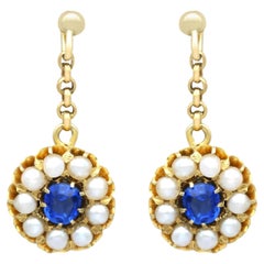 Antique 1.20 Ct Sapphire and Pearl, 15ct Yellow Gold Drop Earrings