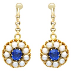 Antique 1.20 Ct Sapphire and Pearl, 15ct Yellow Gold Drop Earrings