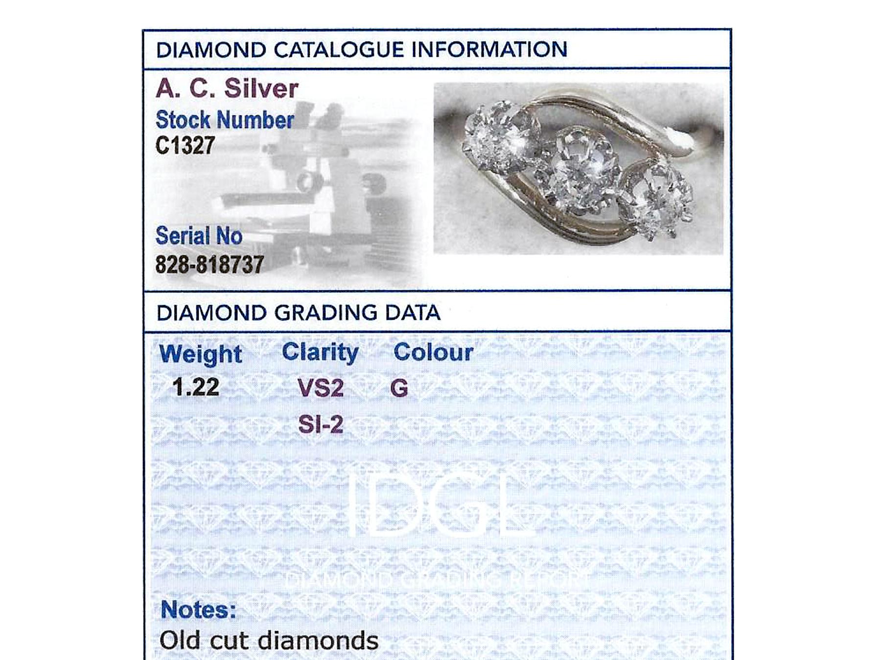 1900s Antique 1.22 Carat Diamond and Yellow Gold Platinum Set Trilogy Ring Damen