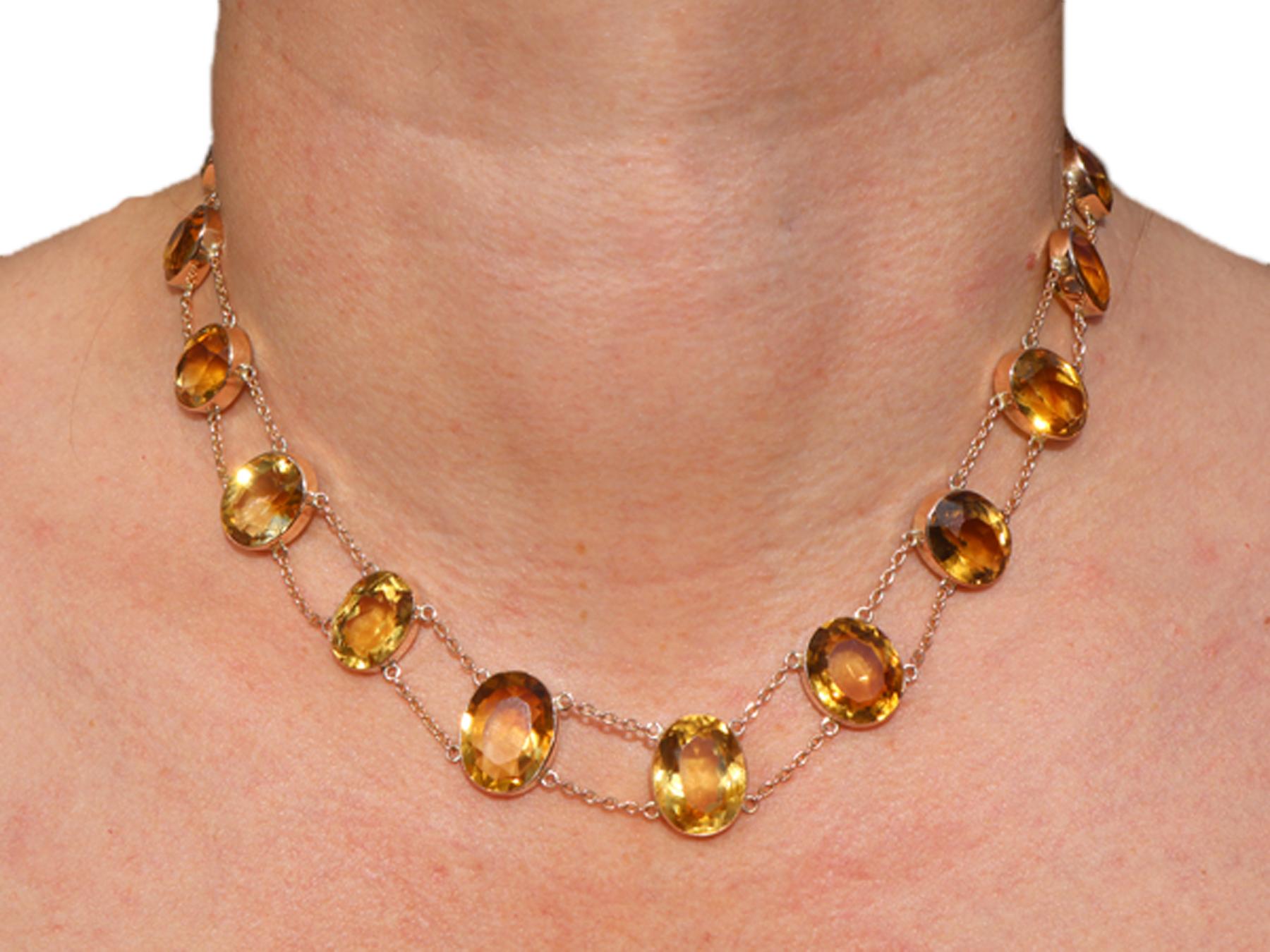 Oval Cut Antique 124.21ct Citrine and Rose Gold Riviere Necklace