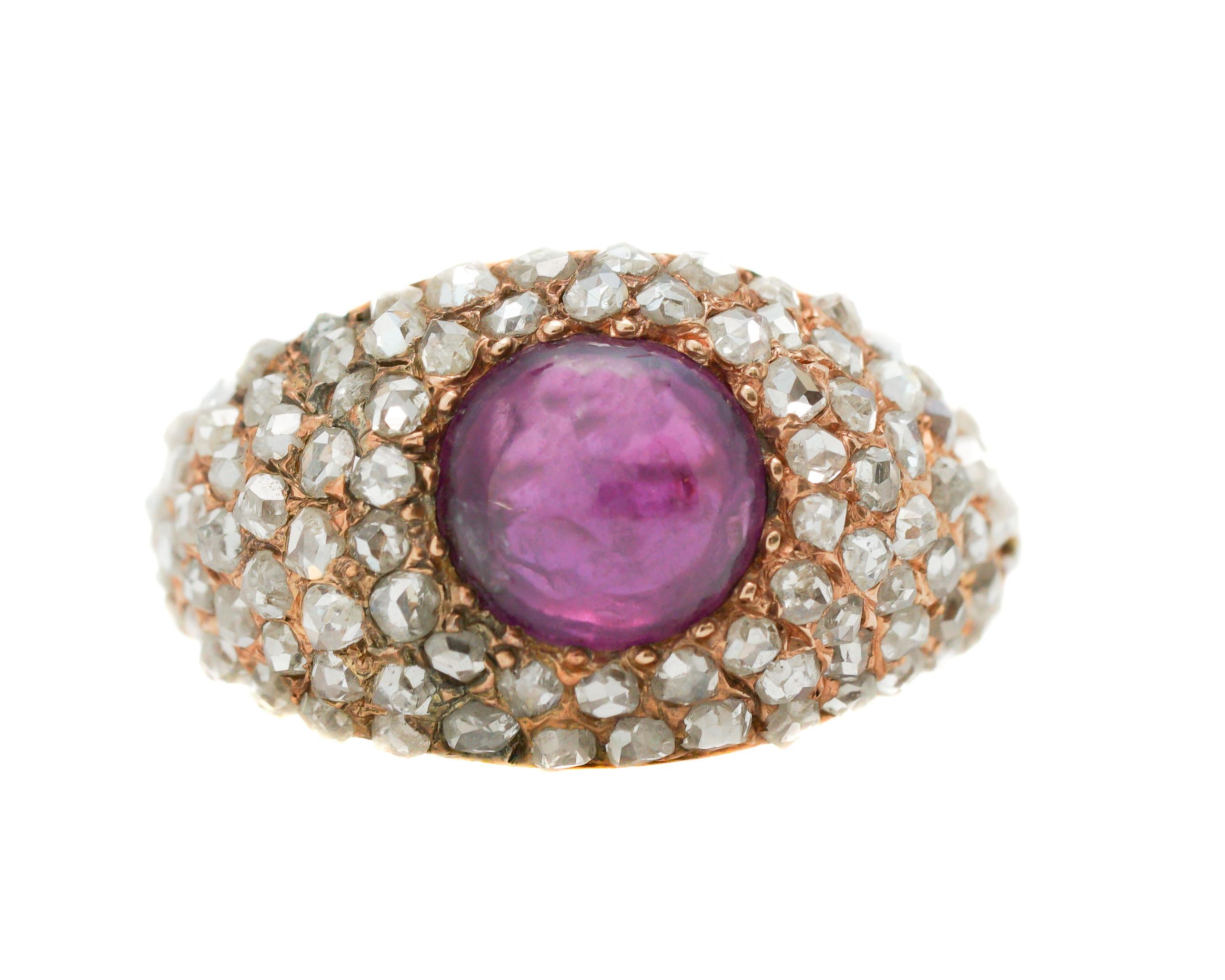Antique 1.25 Carat Diamond and Burma Ruby 14 Karat Rose Gold Ring 3