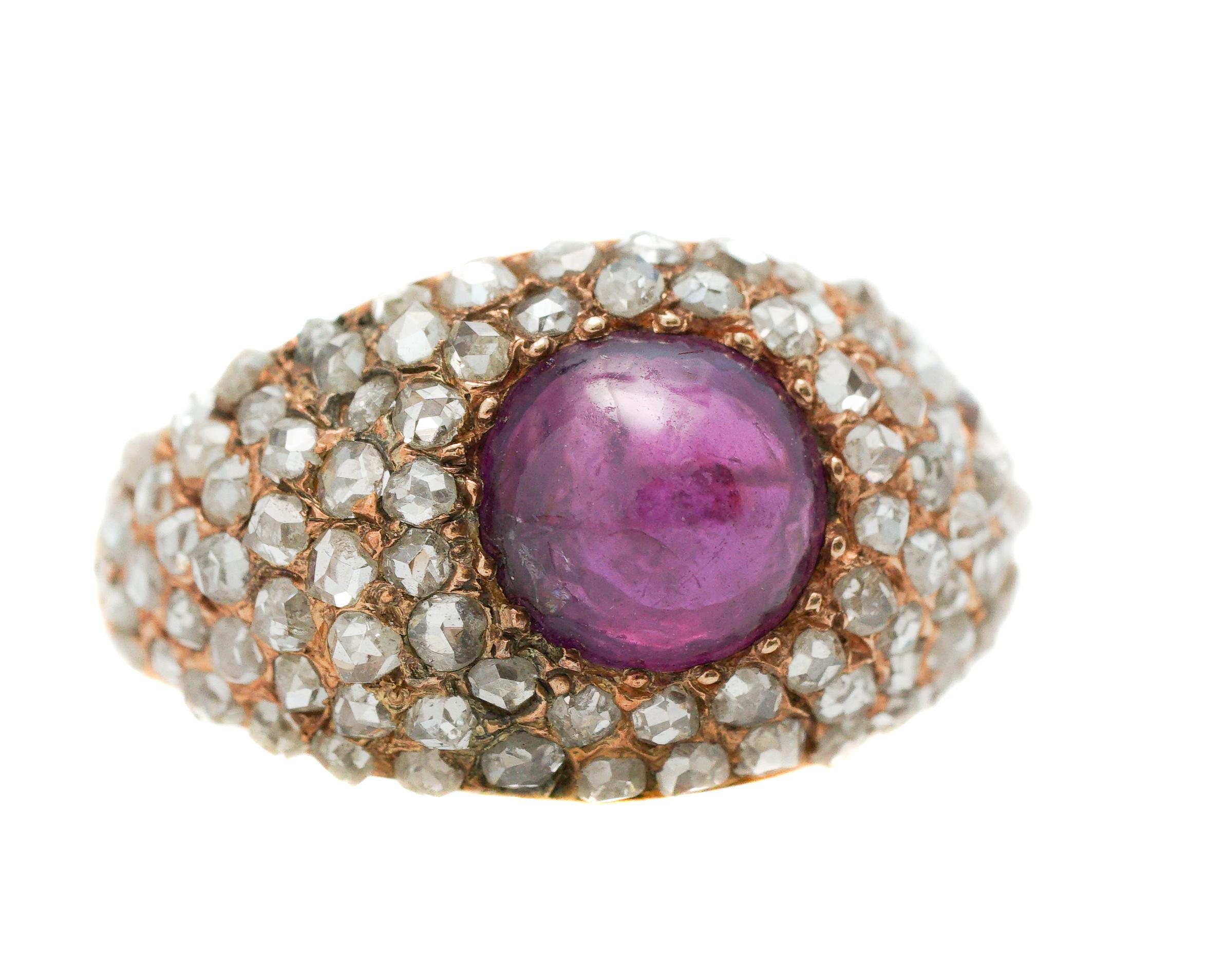Antique Victorian Ruby Ring - 14 karat Rose Gold, Burma Ruby, Diamonds

Features:
2.5 carat Burma Ruby Center Stone
1.25 carat total Antique Rose Cut Diamonds
14 karat Rose Gold Setting 
Burma Ruby has had no heat treatment
Rose Gold has developed a