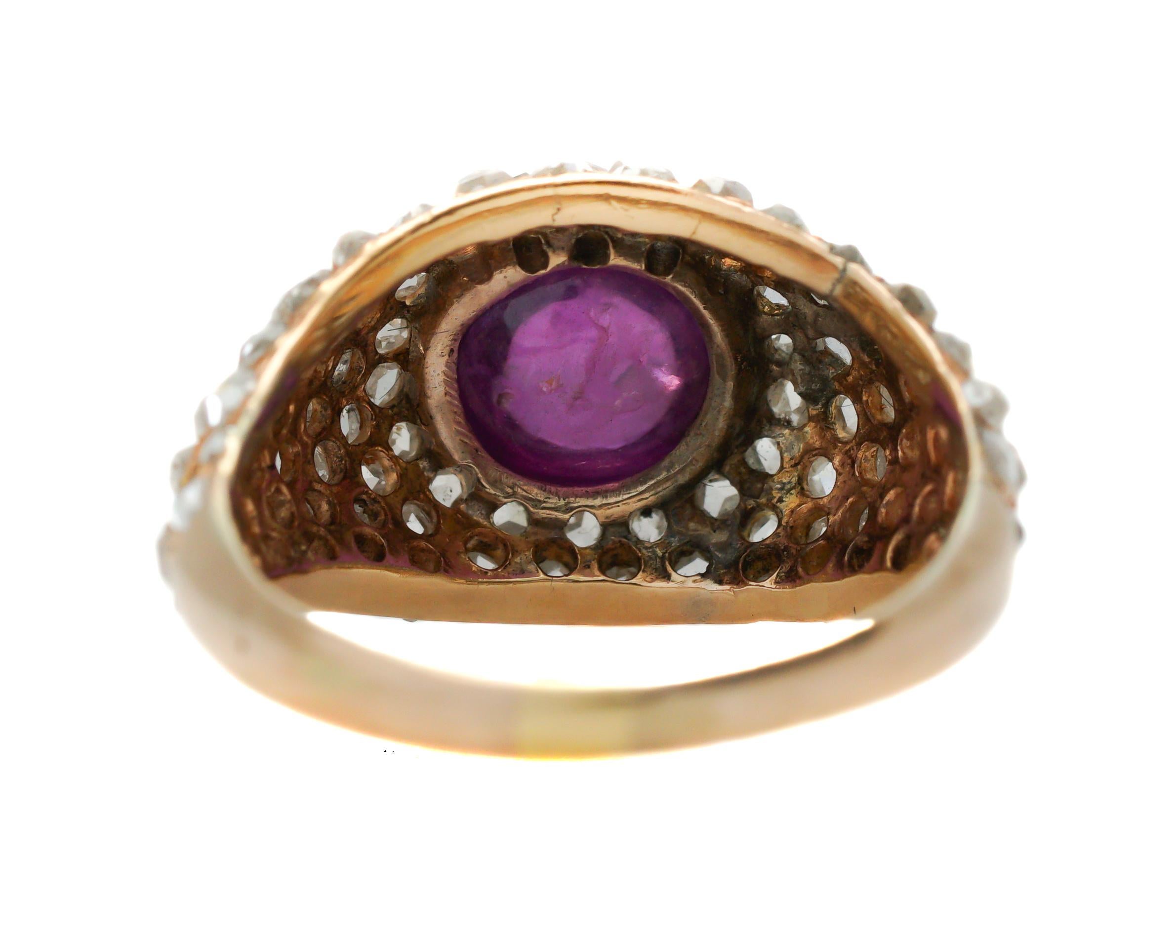 Victorian Antique 1.25 Carat Diamond and Burma Ruby 14 Karat Rose Gold Ring