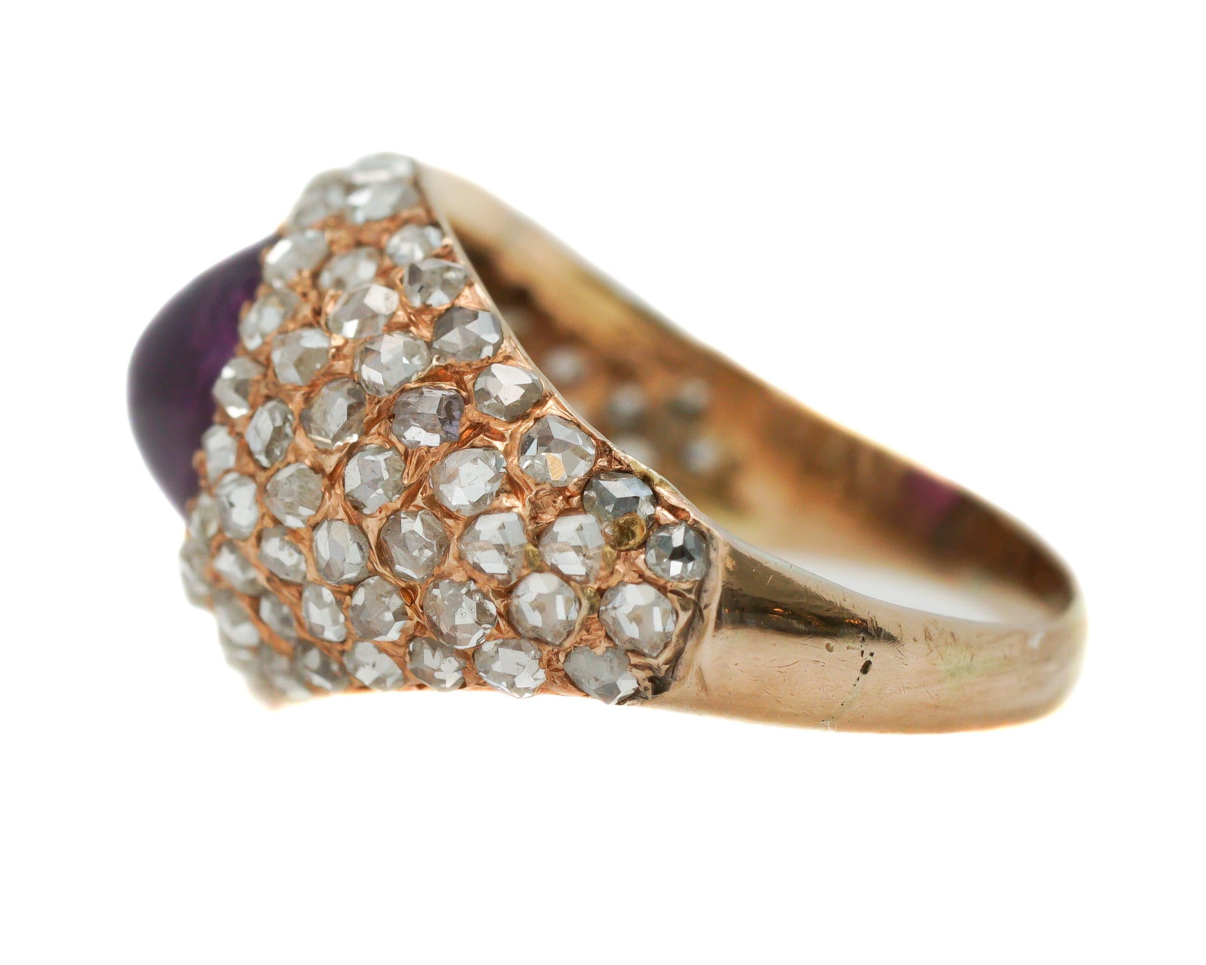 Rose Cut Antique 1.25 Carat Diamond and Burma Ruby 14 Karat Rose Gold Ring