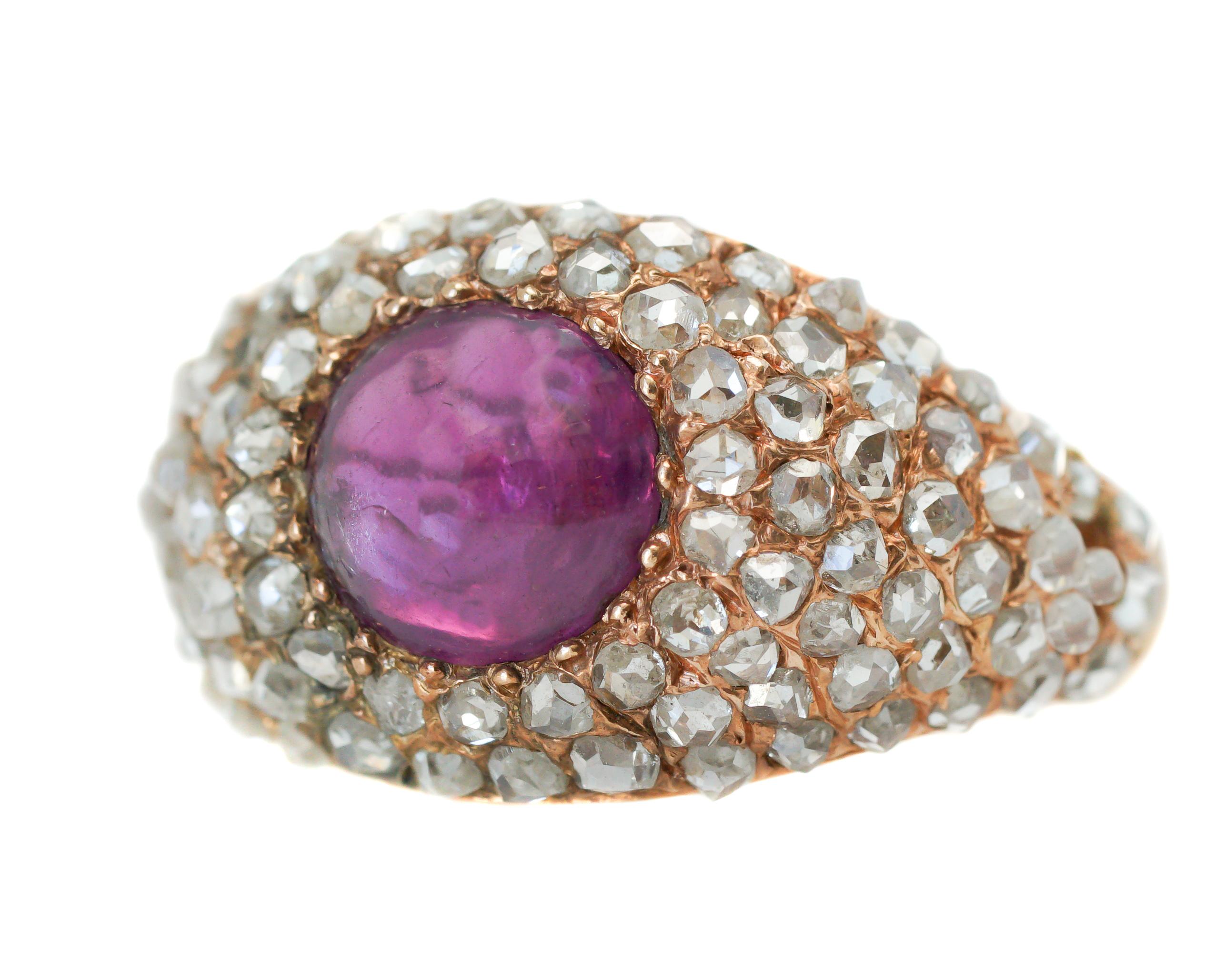 Antique 1.25 Carat Diamond and Burma Ruby 14 Karat Rose Gold Ring In Good Condition In Hicksville, NY