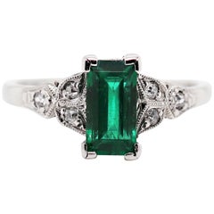 Antique 1.25 Carat Emerald and Diamond Platinum Engagement Ring, circa 1915