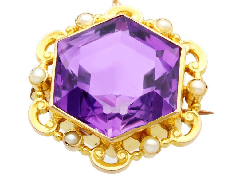 Hexagon Cut Antique 12.50 Carat Amethyst and Seed Pearl Yellow Gold Brooch, Circa 1890 For Sale