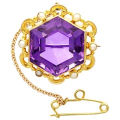 Antique 12.50 Carat Amethyst and Seed Pearl Yellow Gold Brooch, circa 1890