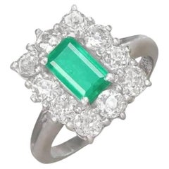Antique Emerald And Platinum Ring 1.25ct Emerald Engagement Ring, Diamond Halo