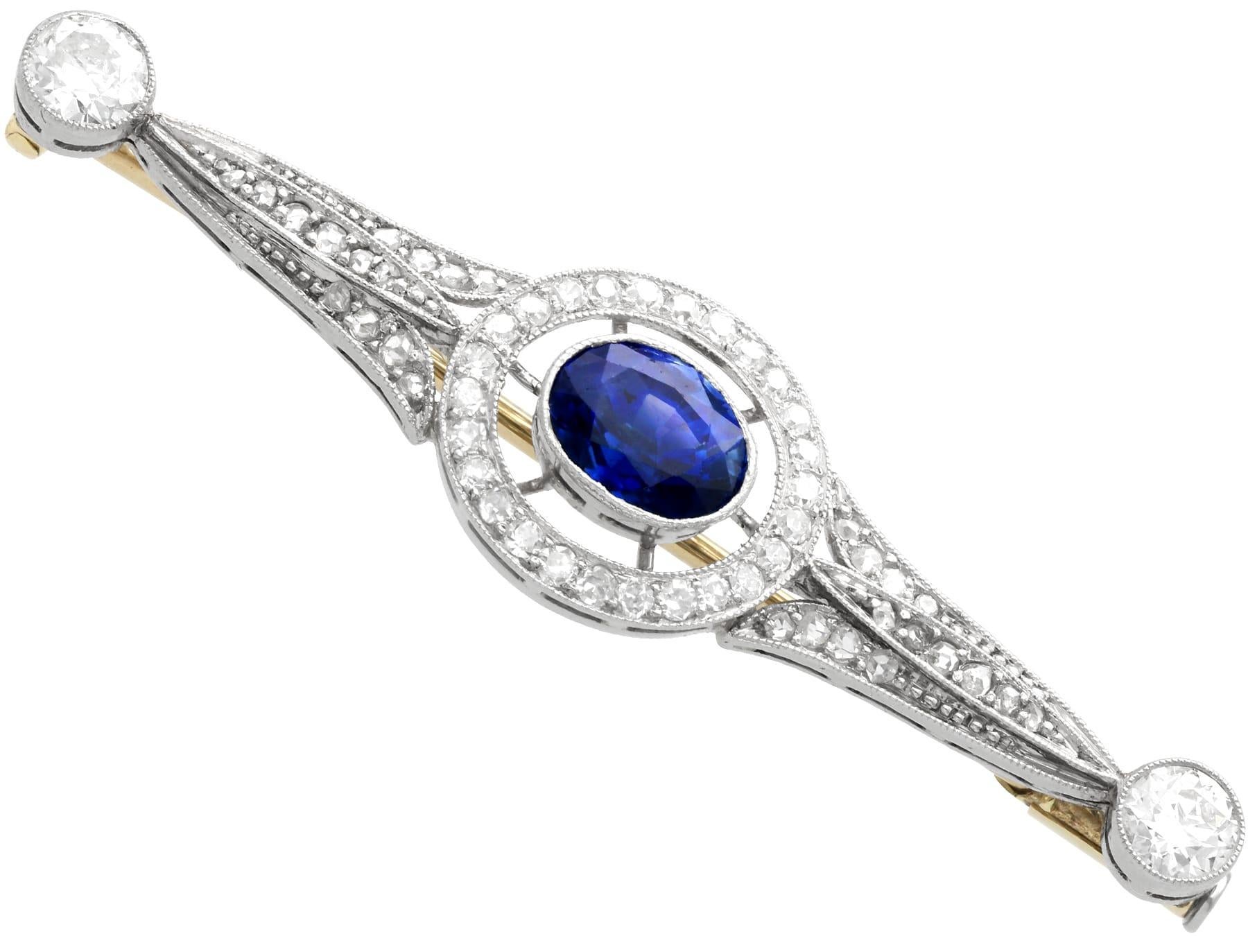 Antique 1.25Ct Sapphire 2.34Ct Diamond and Platinum Brooch Circa 1925 In Excellent Condition For Sale In Jesmond, Newcastle Upon Tyne