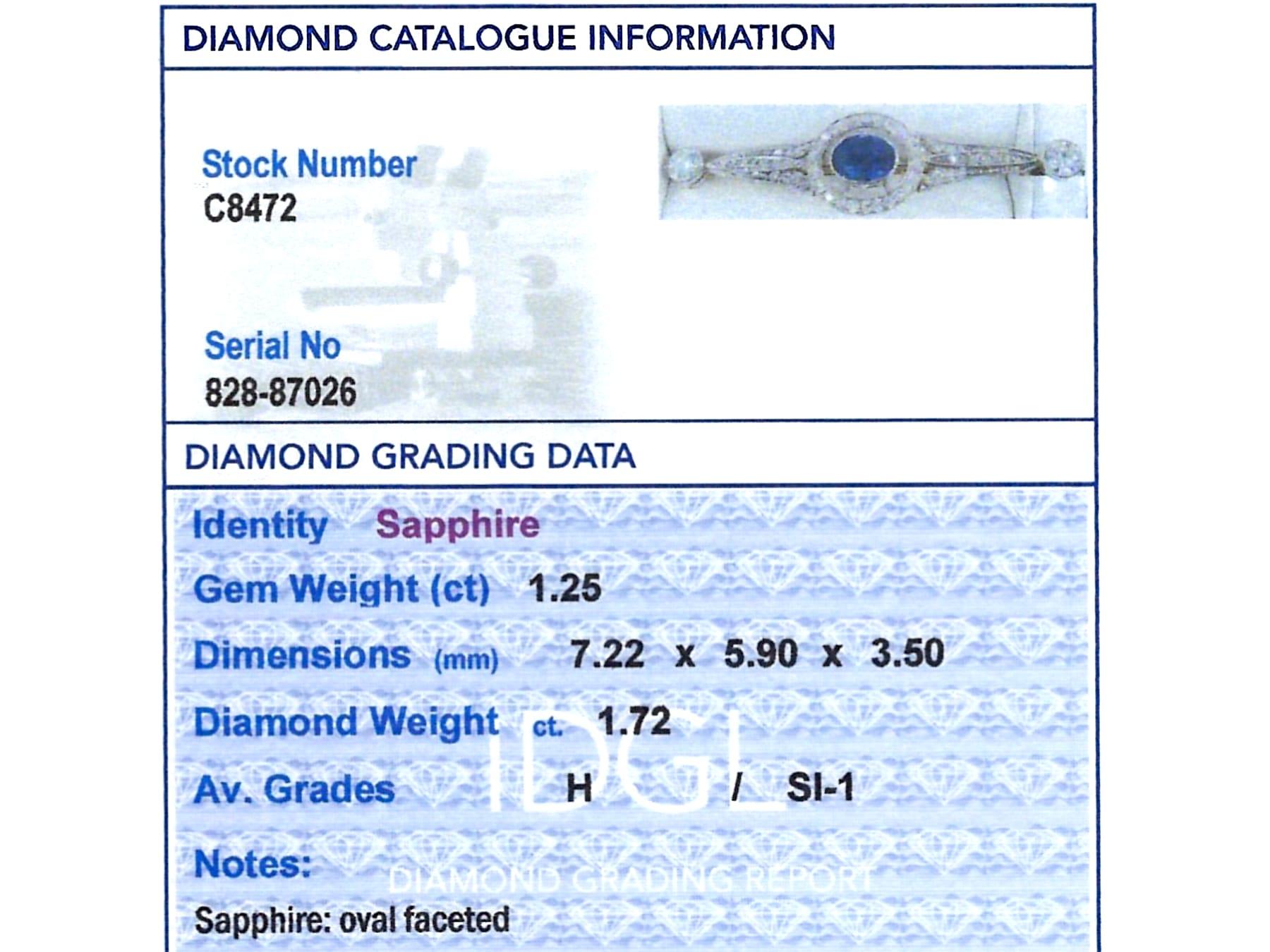 Antique 1.25Ct Sapphire 2.34Ct Diamond and Platinum Brooch Circa 1925 For Sale 4