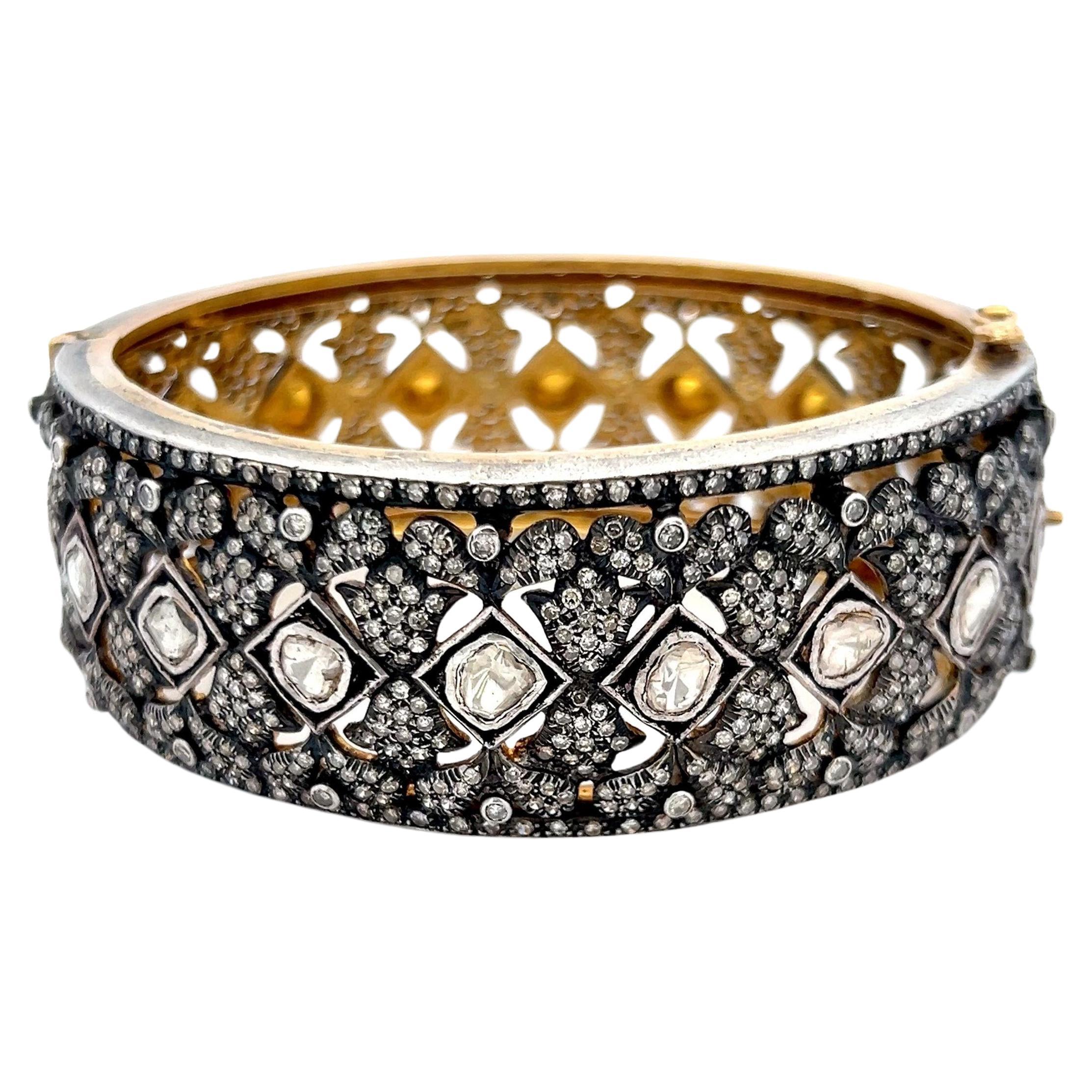 Bracciale antico con diamanti rotondi e rosa da 12,60 carati in oro e argento bicolore