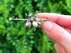 Antique 1.28 Carat Diamond Pearl and Garnet Yellow Gold Hornet Brooch