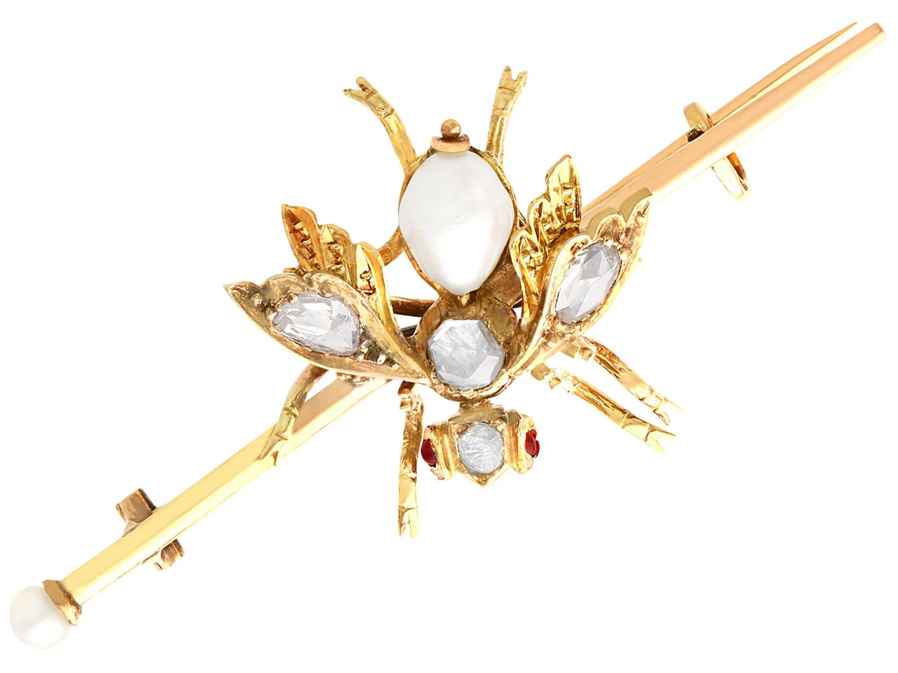 Round Cut Antique 1.28 Carat Diamond Pearl and Garnet Yellow Gold Hornet Brooch For Sale
