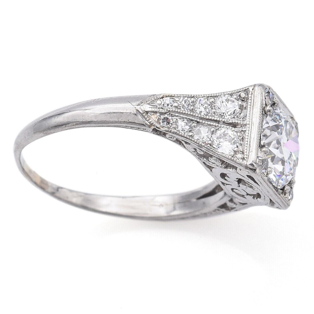 Antique 1.28 TCW Diamond Platinum Band Ring Size 5 In Good Condition For Sale In New York, NY