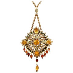Antiker 12,85 Karat Citrin 3,49 Karat Diamant-Emaille- und Gold-Anhänger
