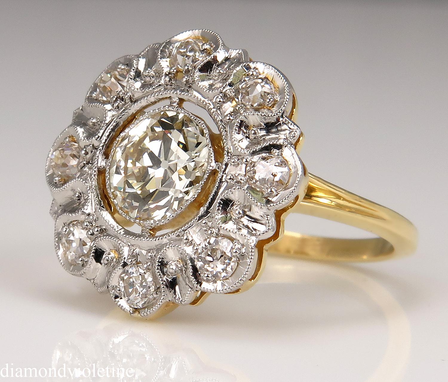 This breathtakingly beautiful and Delicate CIRCA 1900s Authentic Edwardian EUROPEAN-MADE Flower shaped 18k Yellow Gold Ring (tested), the Center Stone is EGL USA Certified 0.92ct OLD European Cut Diamond in H-I, VS2 clarity (Near colorless and very