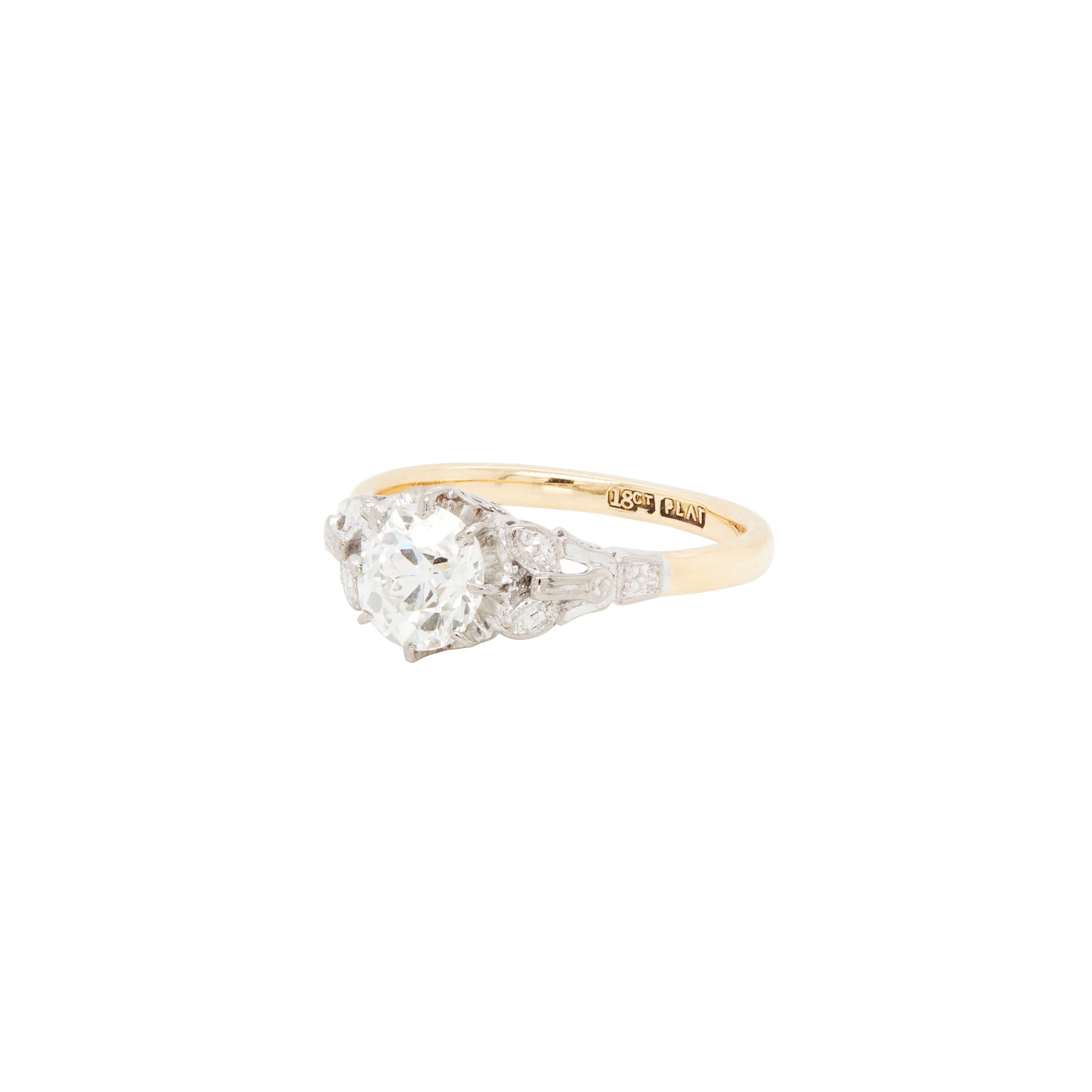 Edwardian Antique 1.29ct Old Mine Cut Diamond 18 Carat Gold and Platinum Engagement Ring For Sale