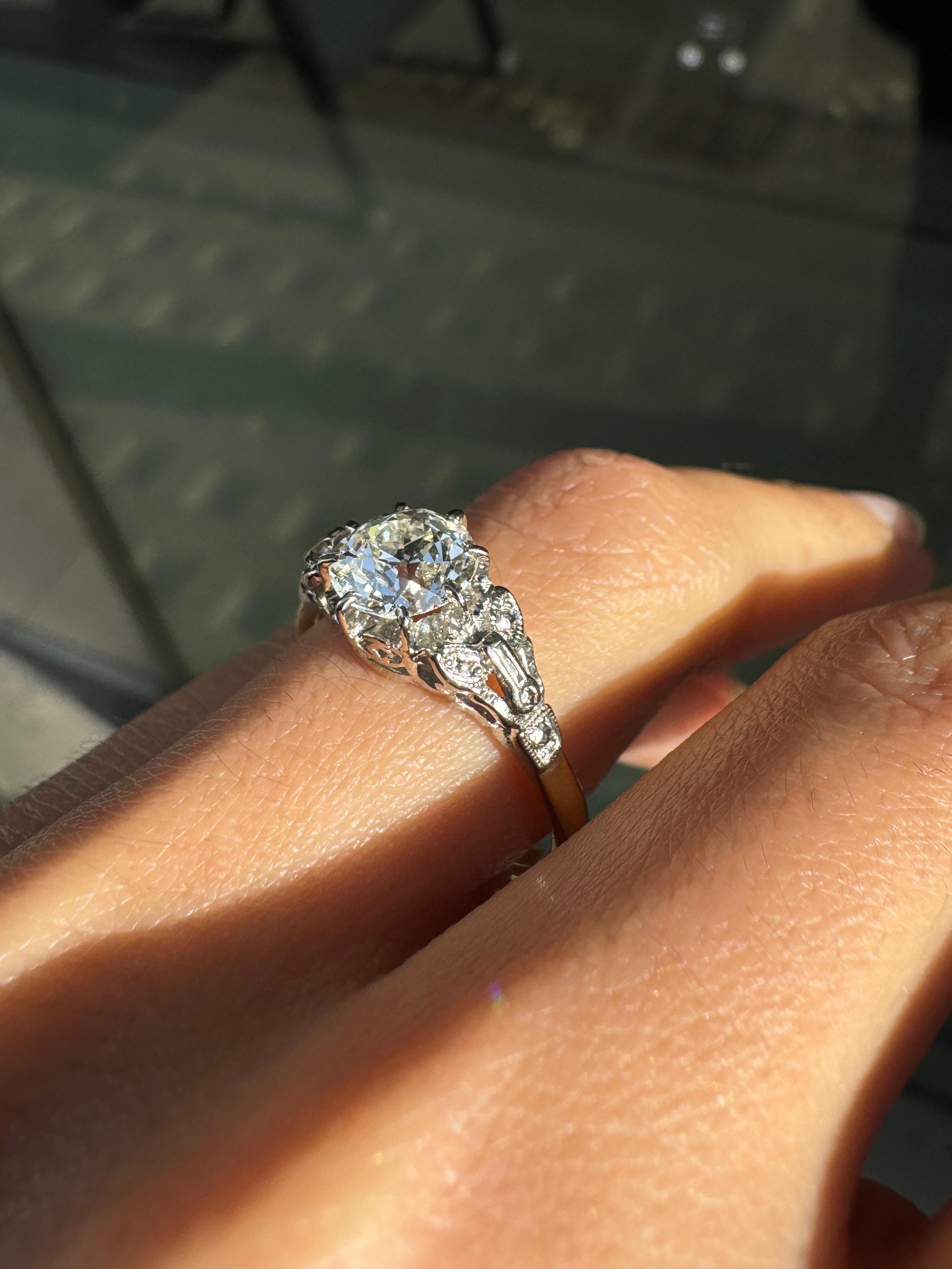 Women's Antique 1.29ct Old Mine Cut Diamond 18 Carat Gold and Platinum Engagement Ring For Sale
