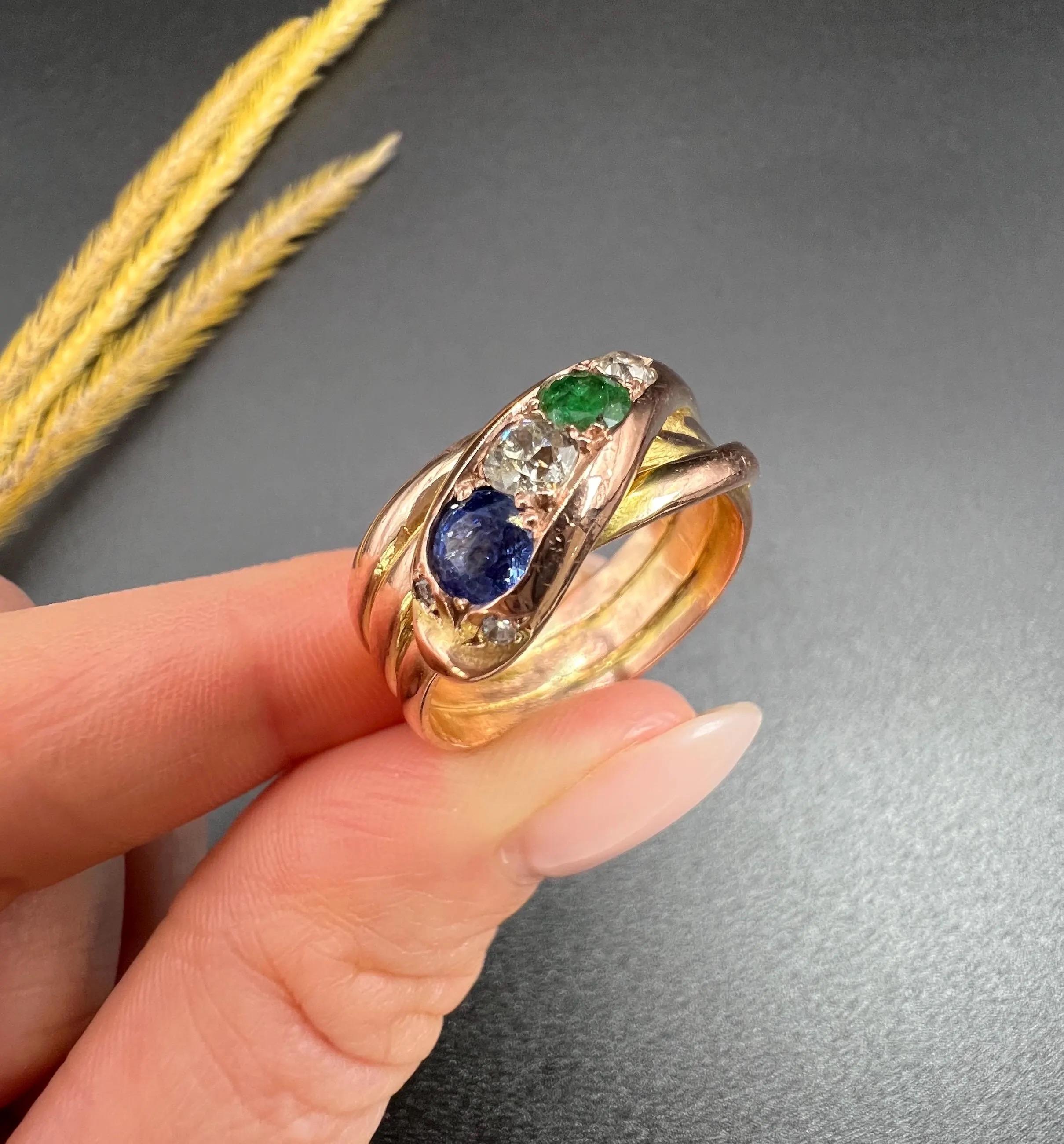 Antique 12ct Rose Gold, Edwardian Sapphire, Diamond & Emerald Snake Ring For Sale 6