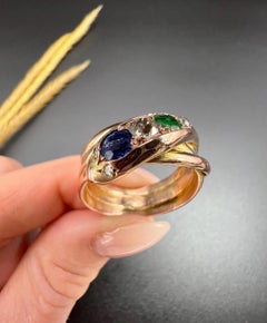 Antique 12ct Rose Gold, Edwardian Sapphire, Diamond & Emerald Snake Ring