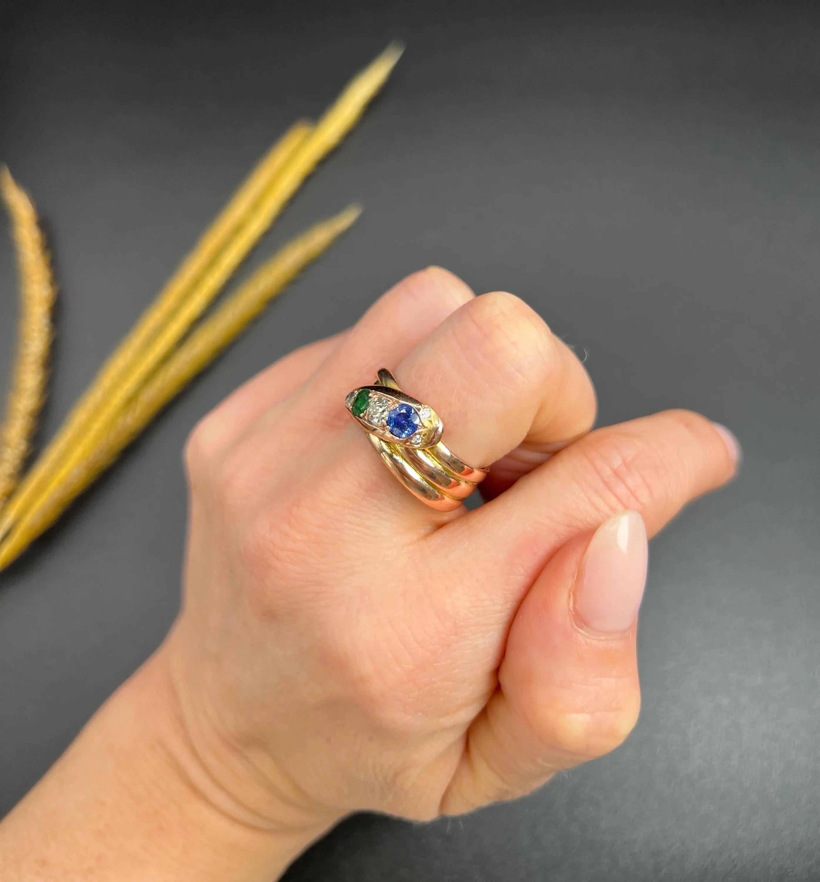 Antique 12ct Rose Gold, Edwardian Sapphire, Diamond & Emerald Snake Ring In Good Condition For Sale In Brighton, GB