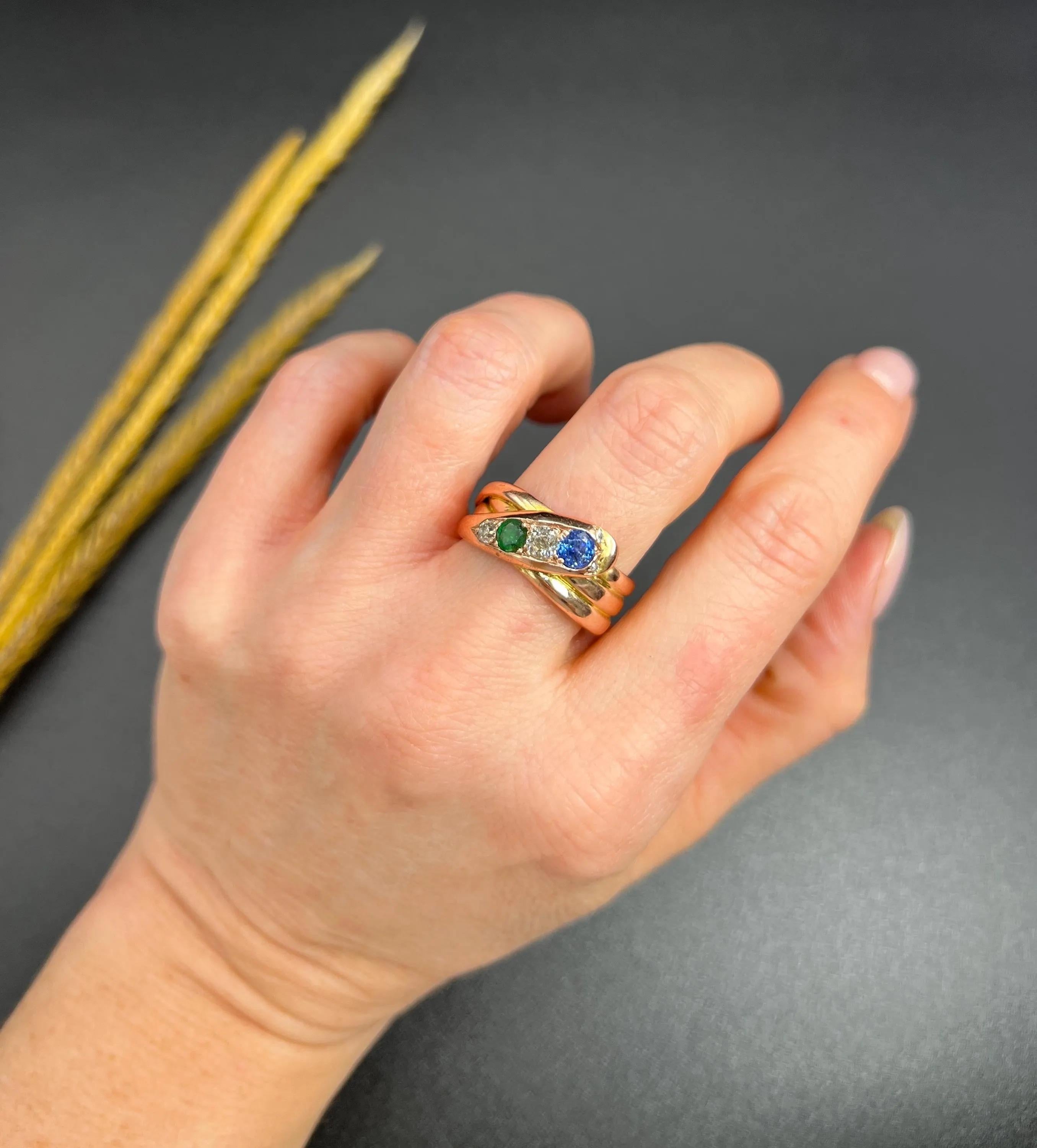 Women's or Men's Antique 12ct Rose Gold, Edwardian Sapphire, Diamond & Emerald Snake Ring For Sale