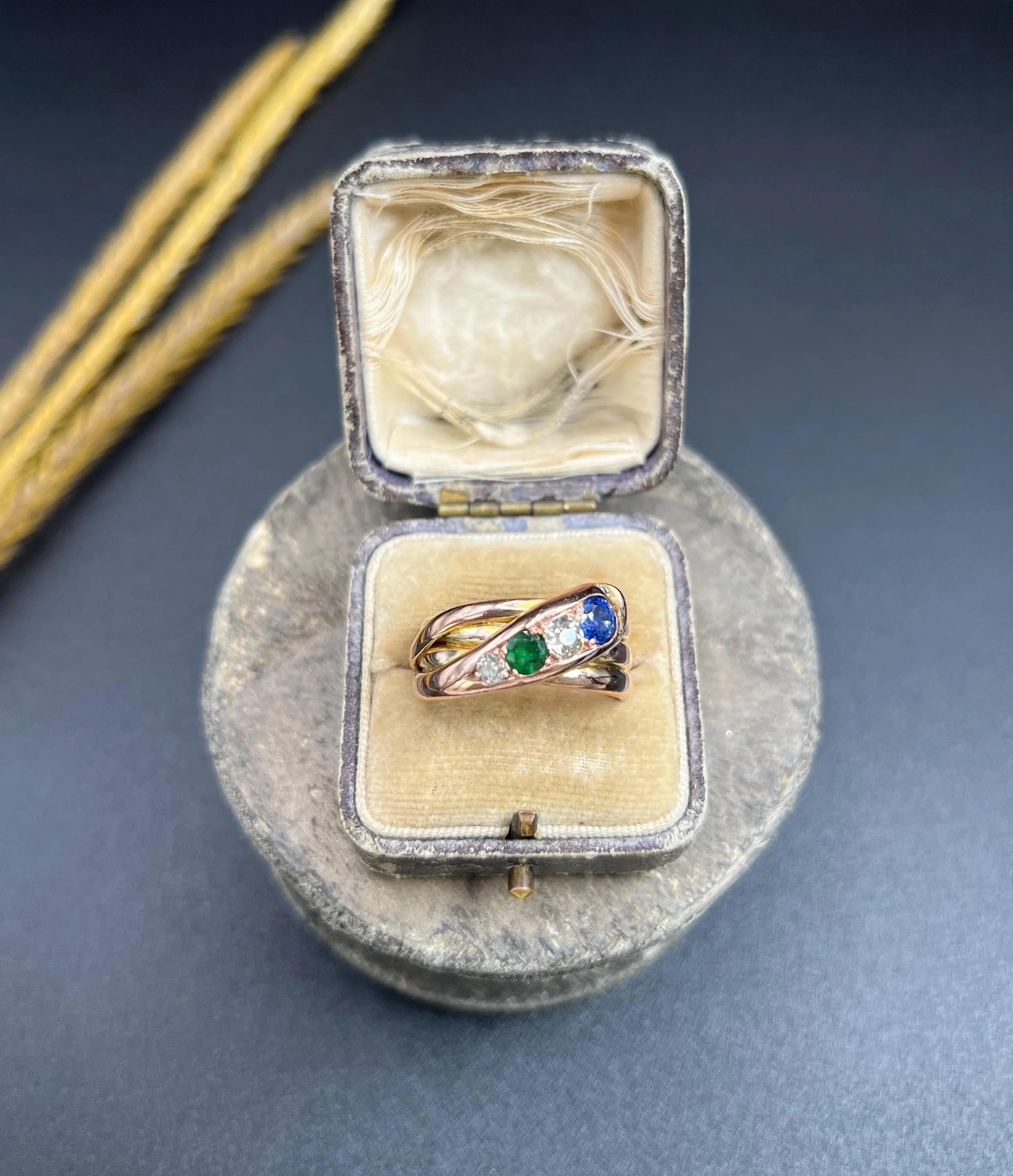 Antique 12ct Rose Gold, Edwardian Sapphire, Diamond & Emerald Snake Ring For Sale 1