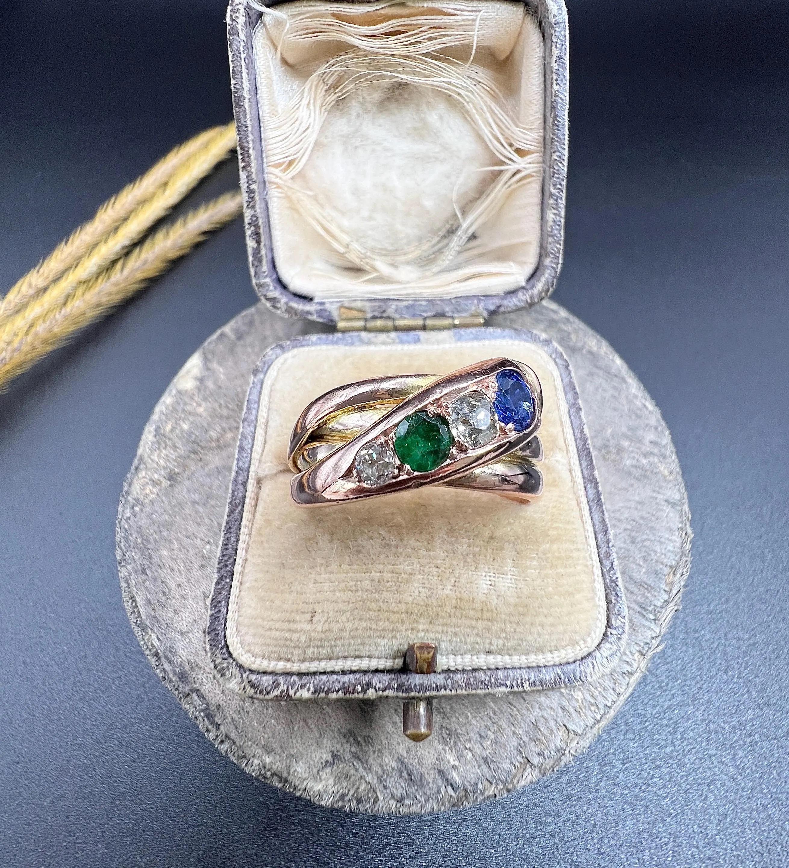 Antique 12ct Rose Gold, Edwardian Sapphire, Diamond & Emerald Snake Ring For Sale 3